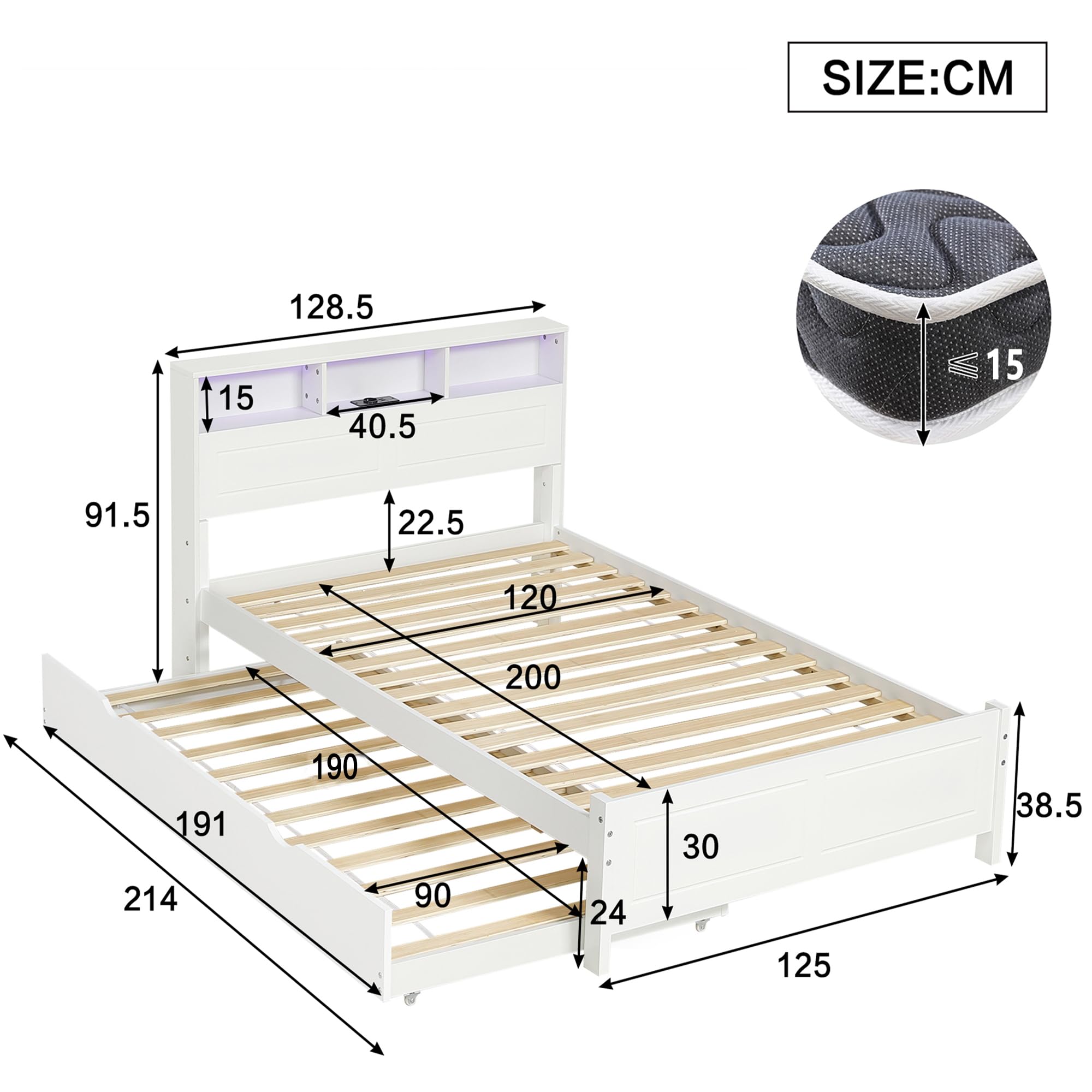 Letto Matrimoniale con letto Estraibile 120x200 e 90 * 190 cm, Letto Piano con Striscia Luminosa, Presa di Ricarica Integrata, Contenitore nella Testiera, struttura in pino e MDF, Bianco