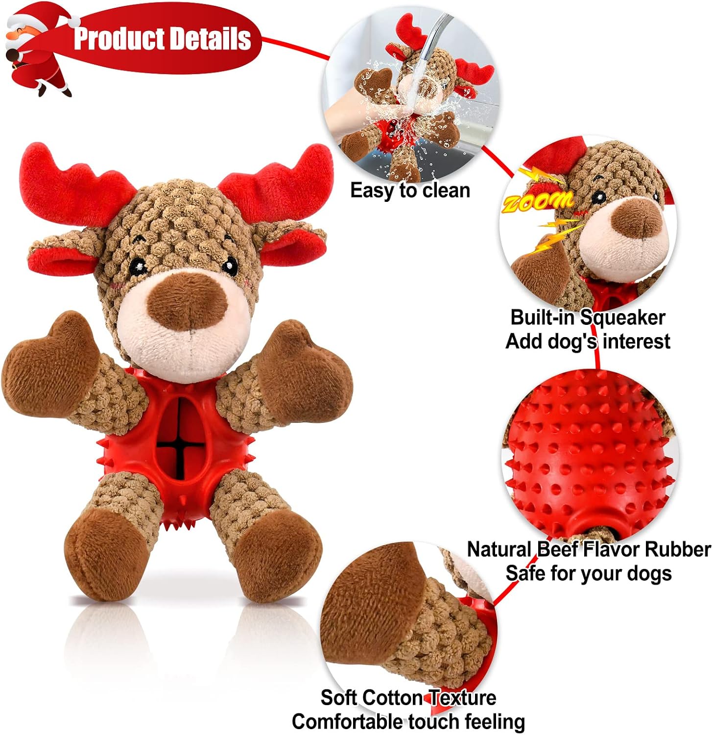 Malier Christmas Squeaky Dog Toys, Durable Latex Rubber Chew Bite Toys Stuffed with Crinkle Paper for Puppy to Medium Pets (Elk) image 4