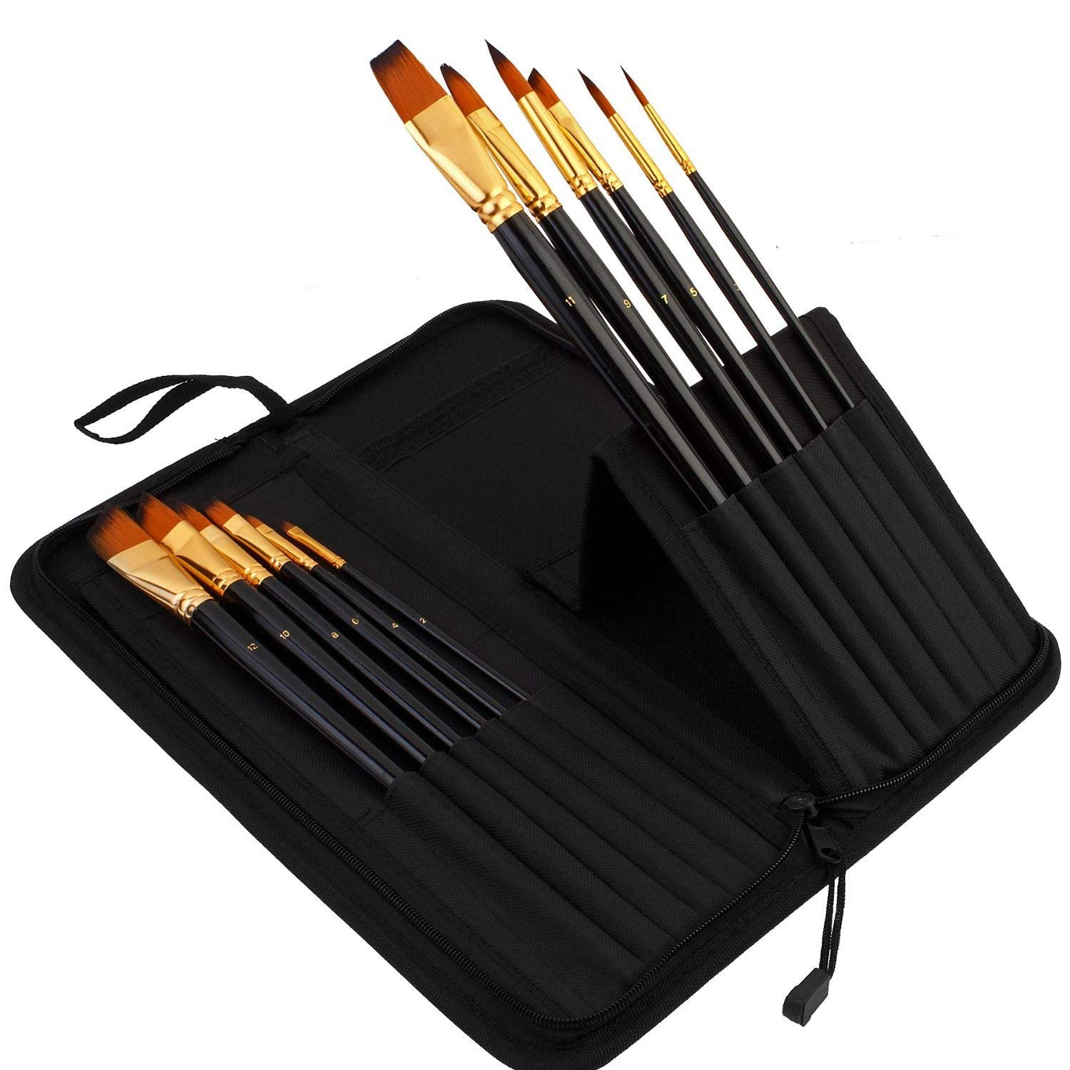 Qatalitic Set of 12 Professional & Exclusive Fine Art Long Handled Premium Paint Brush Set + Zippered Carry Bag with Pop Up Stand for Oil Acrylic Watercolor Painting