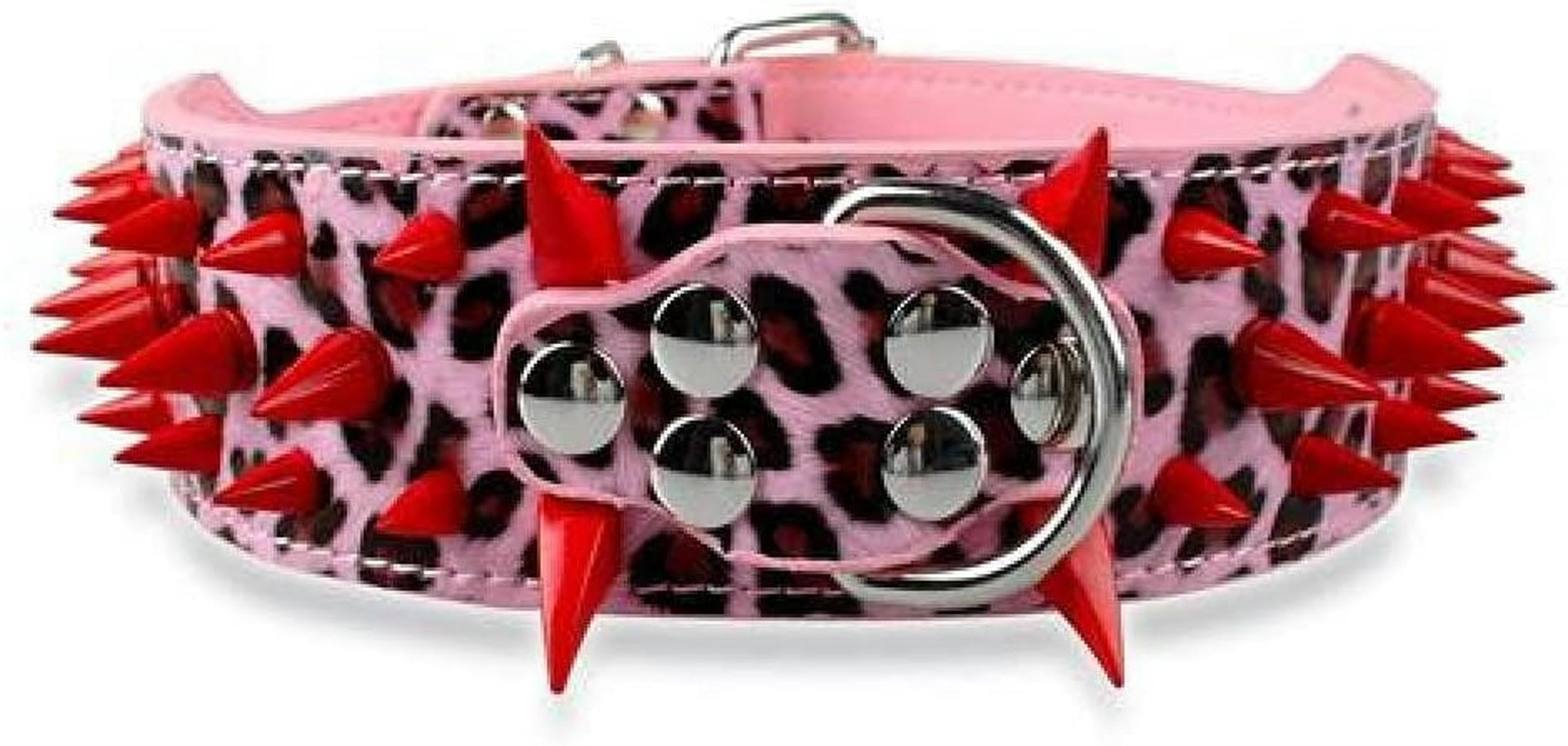 2 Zoll breites, mit scharfen Spikes besetztes Hundehalsband aus Leder für große Hunde, verstellbar für mittelgroße und große Hunde, SML XL-Rosa-Rot-Spike-L