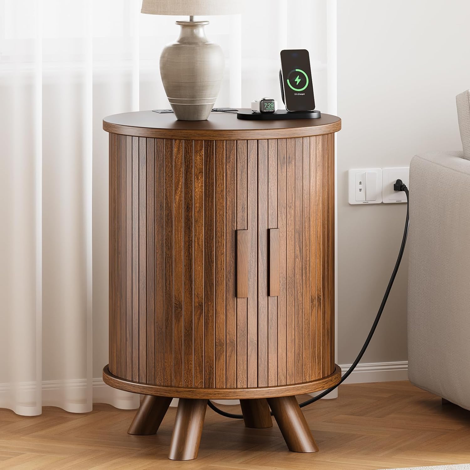 Round End Table with Storage - Fluted Side Table with Charging Station, Wood Nightstand with Sliding Tambour Door for Bedroom, Accent End Tables Living Room, Modern Bedside Table, Walnut