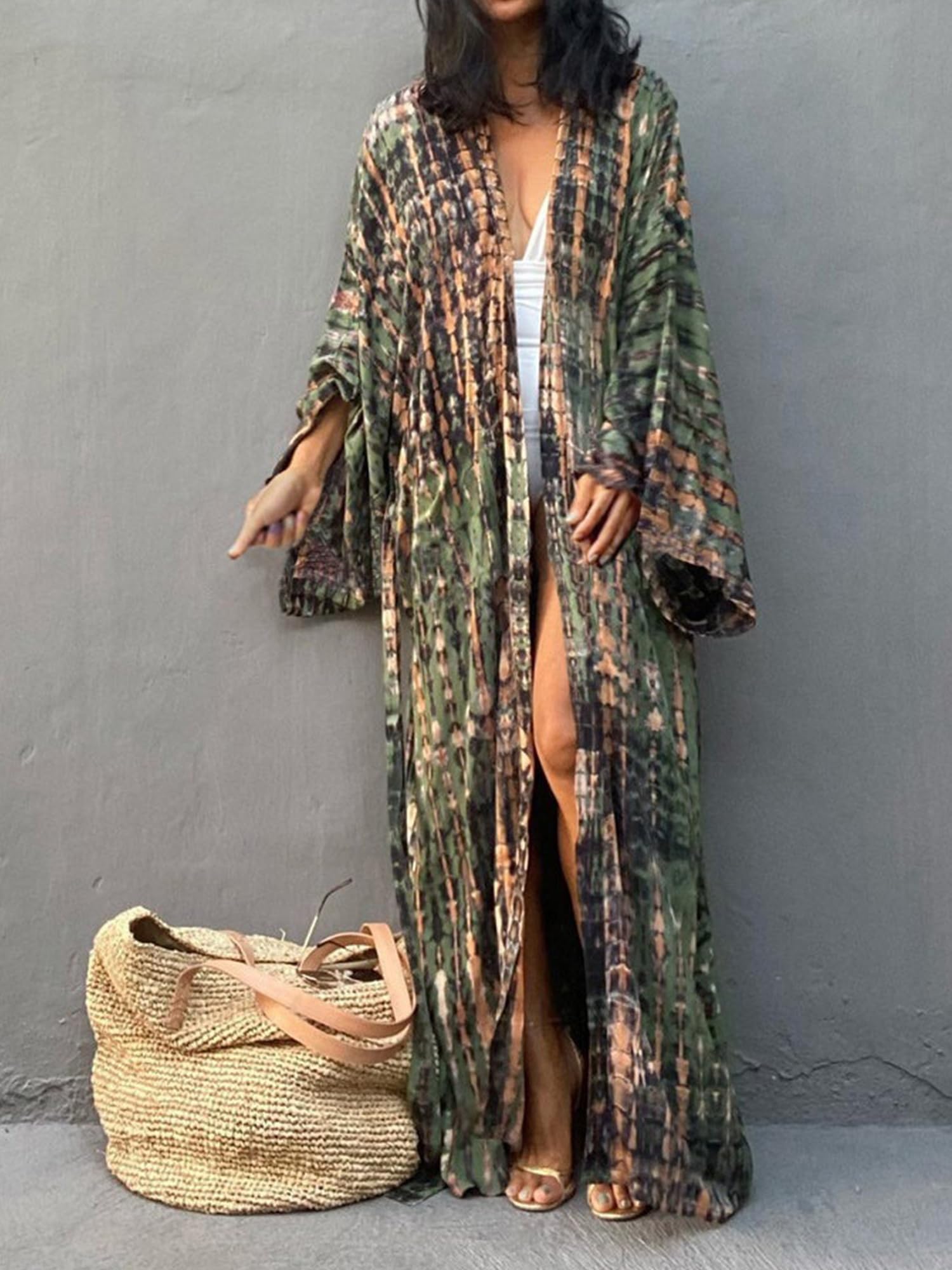 Moss Rose Cárdigan tipo kimono de verano para mujer, estilo caftán, abierto, para playa, vacaciones, con cinturón
