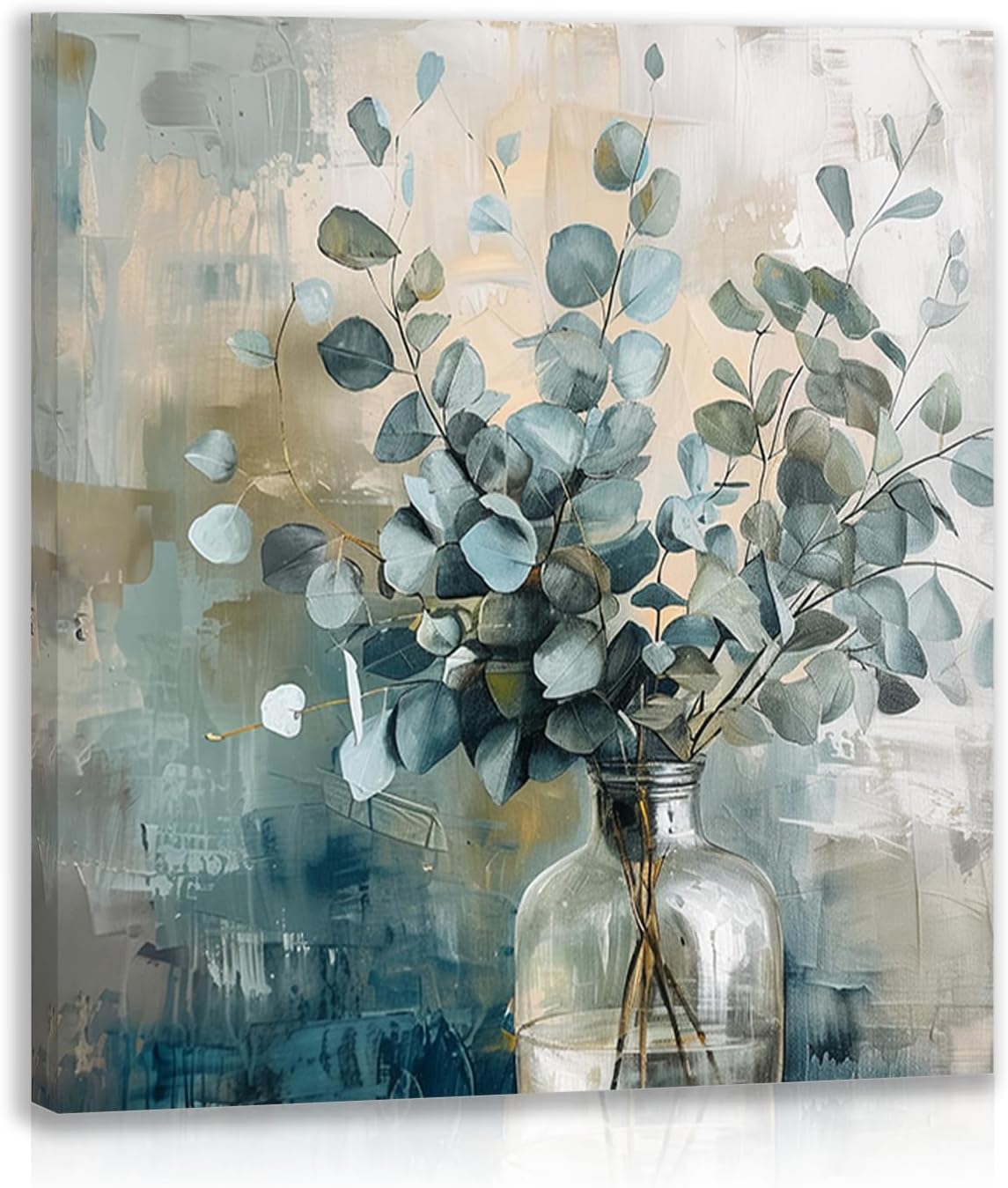 Framed Eucalyptus Leaf Wall Art, Sage Green Botanical Canvas Print, Rustic Farmhouse Bathroom Wall Decor, Soft Blue Floral Aesthetic Picture for Bedroom living Room 16x16 inch