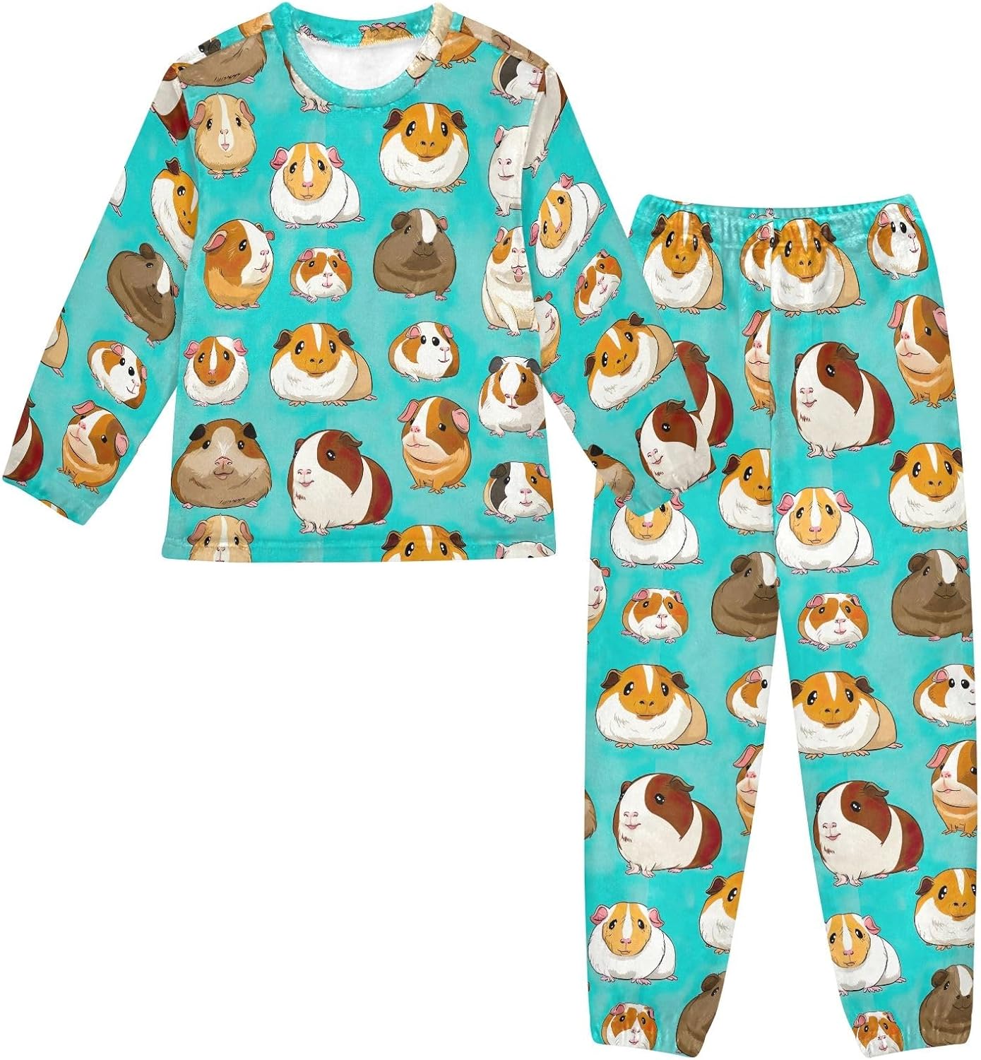 Cute Colorful Guinea Pig Pajama Sets, Soft Fleece Winter Loungewear, 2 Piece Cozy Sleepwear