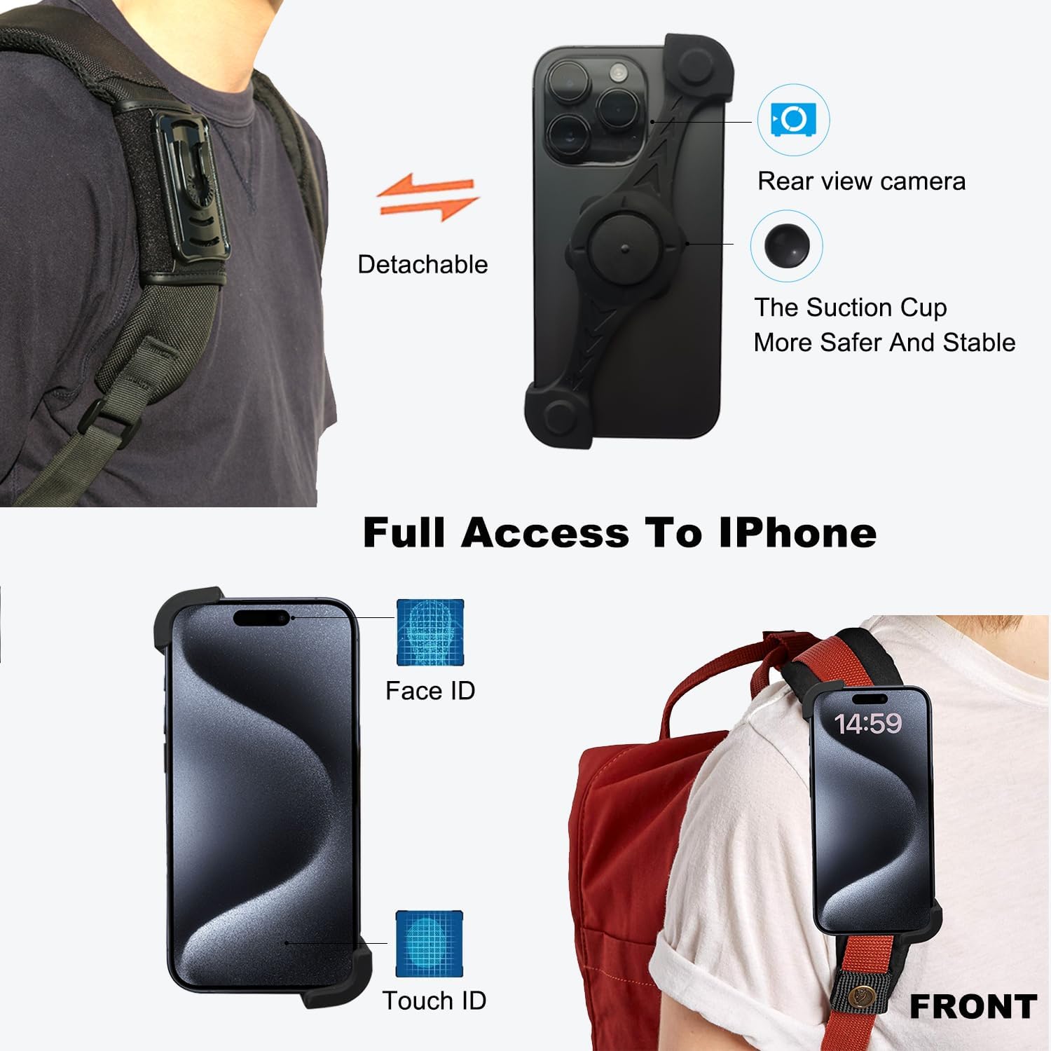 FORZEN Backpack Strap Clip Mount for iPhone,Backpack Shoulder Strap Phone Mount,Backpack Strap Phone Holder Outdoor Live Free Your Hand Black