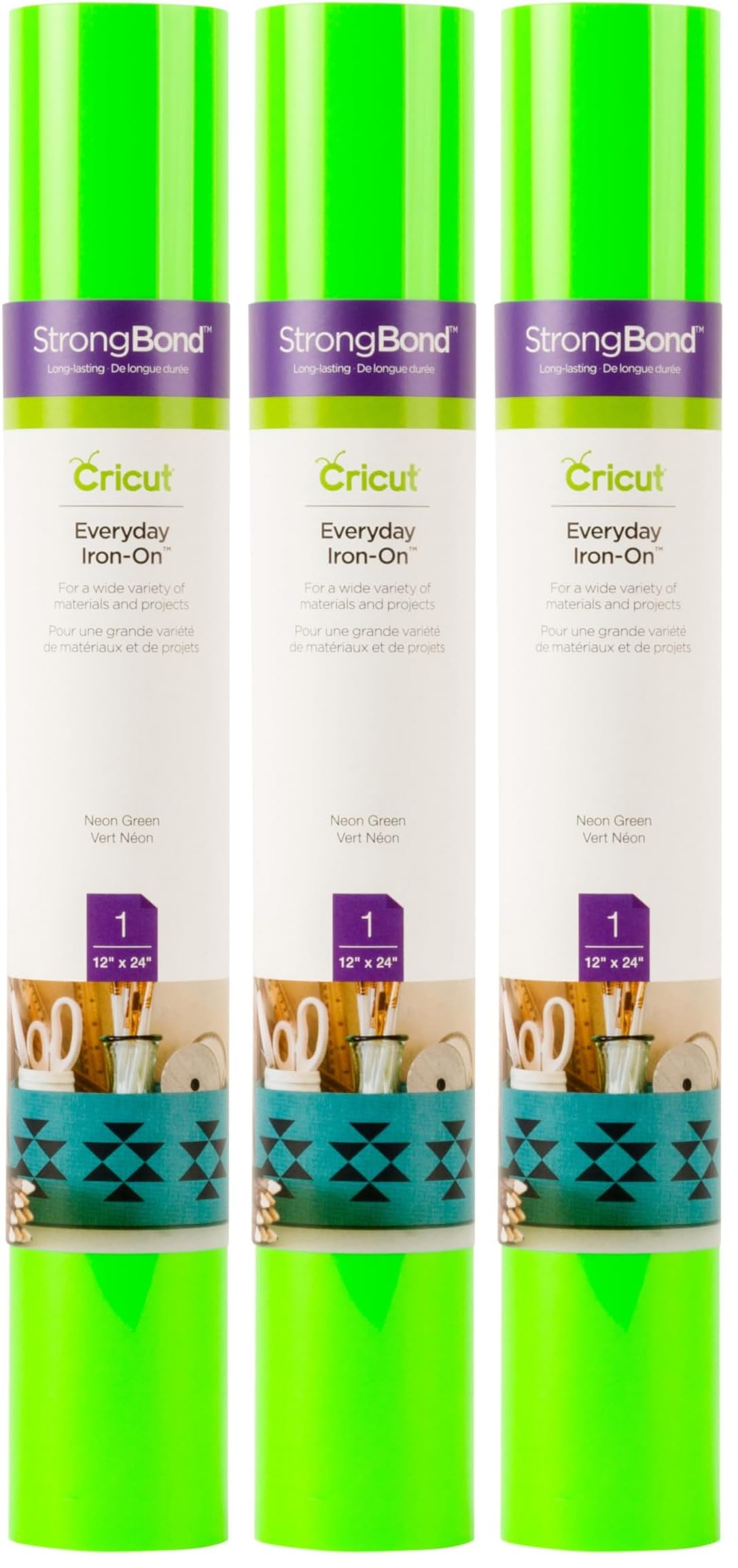 Cricut Everyday Iron On - Neon Green, 3-Pack of 2ft Rolls (12"x24"), 6ft Total - HTV Heat Transfer Vinyl for Shirts, Apparel, Hats &amp; More - Compatible with Maker &amp; Explore Machines