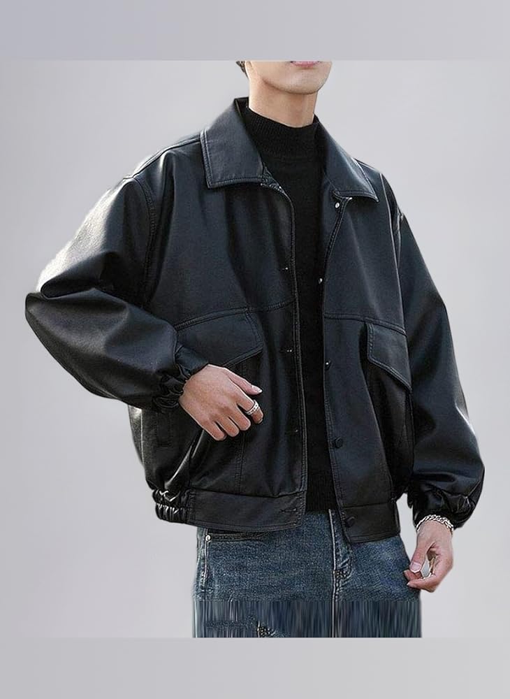 Idopy Men's Leather Jacket Loose Style Jacket Biker Jacket Pilot