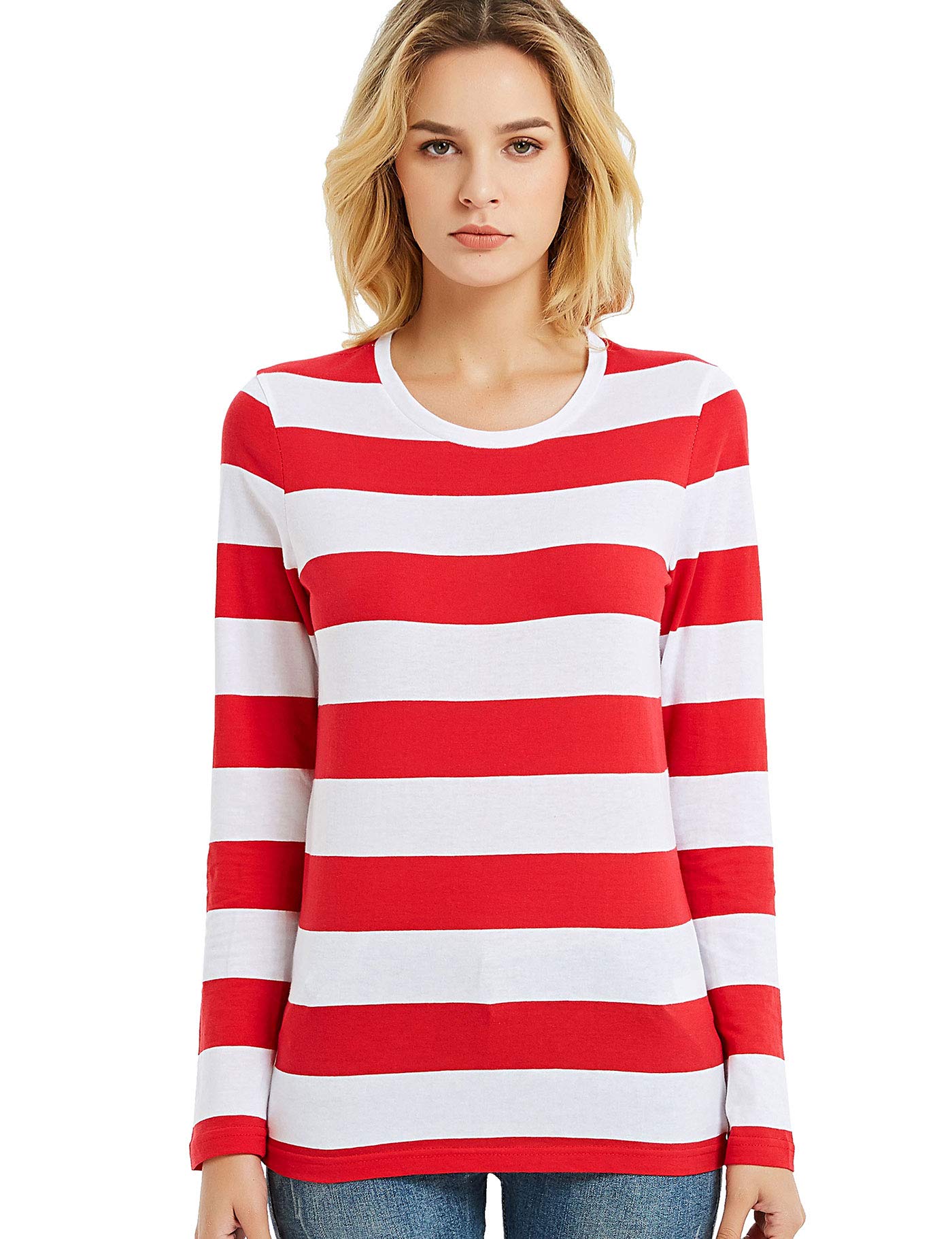 Long Sleeve Tops Women Wide Striped T Shirts Round Neck Red White Stripes Tee M
