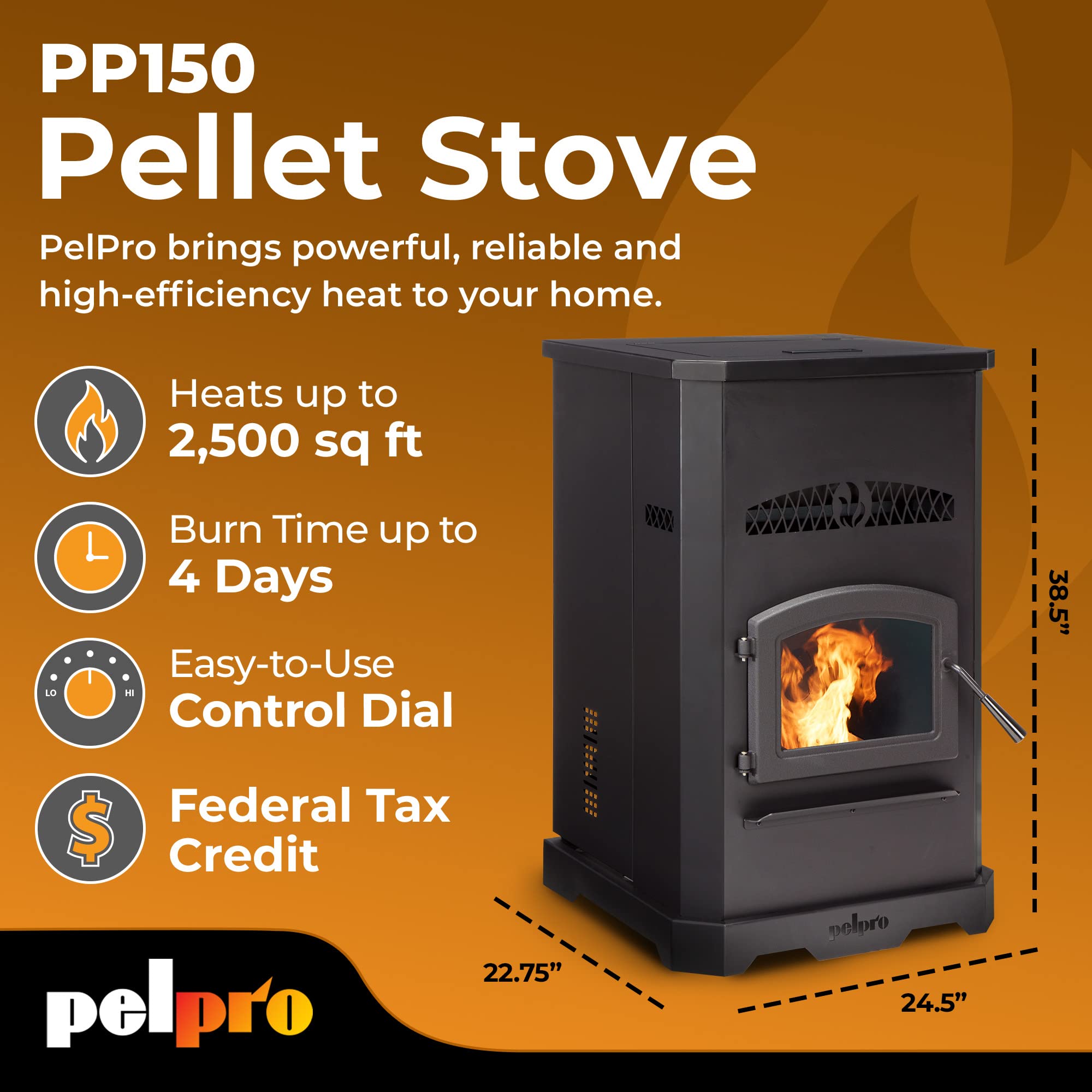 PelPro PP150 Pellet Stove for Home Heating - 150 lb Hopper, 49,200 BTU  Heats up to 2,500 Sq. Ft., Easy-Dial Temp Control, Built-In Thermostat with  Auto-Ignition, Powerful u0026 Quiet 265CFM Blower : Home u0026 Kitchen - Amazon.com