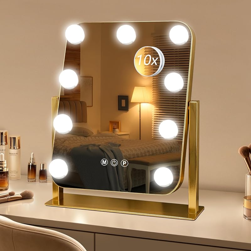 Espelho para maquiagem Ratsamee com luzes, 33,02 cm x 38,1 cm, base com rotação de 360°, dourado