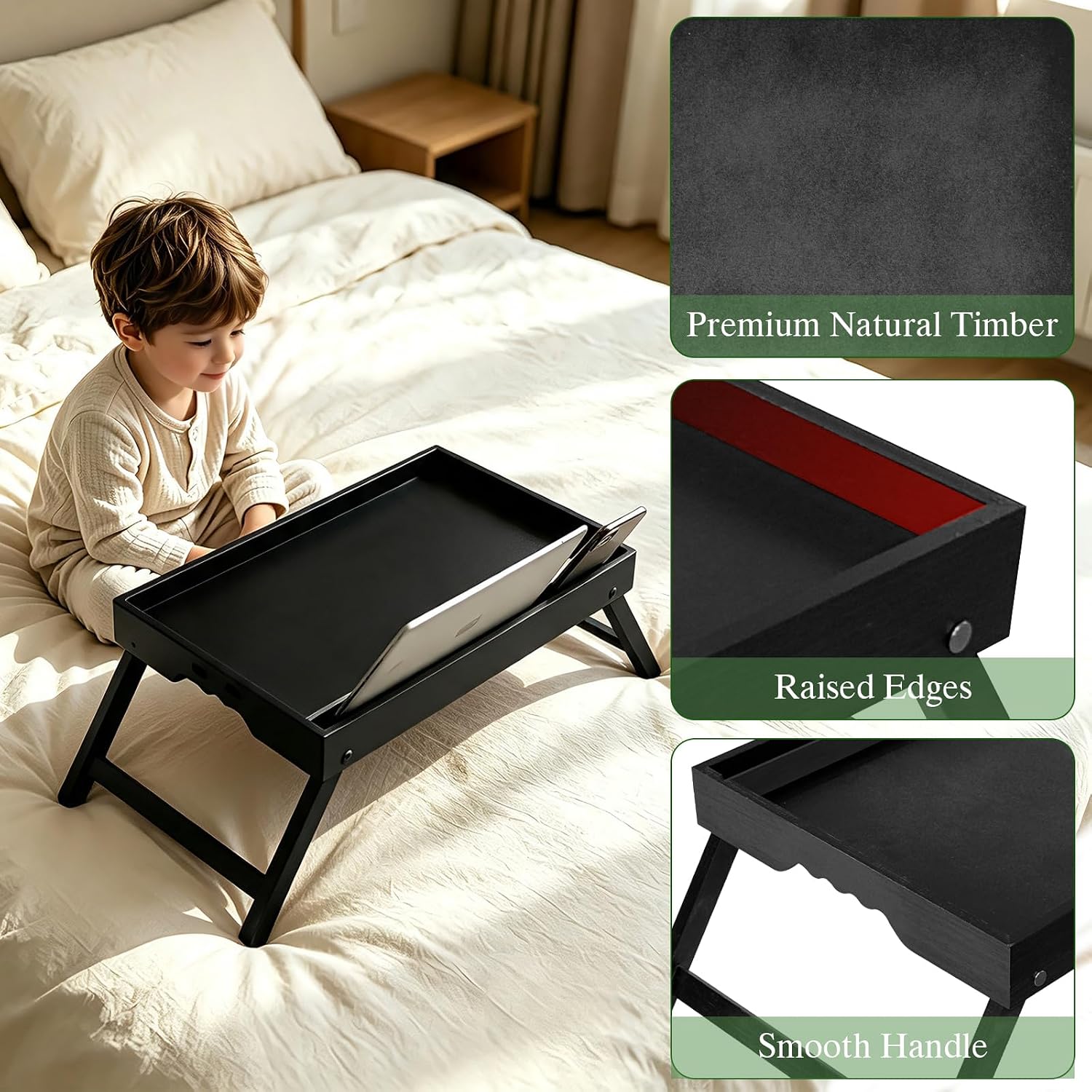 Bamboo Bed Tray Table with Folding Legs - Foldable Breakfast Meal Table with Detachable Media Slot, Laptop Computer, Eating, Snack Tray - Black