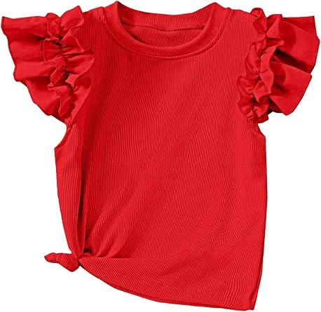 Girls Ruffle Sleeve Shirts Ribbed Knit Cute Tops Crew Neck Summer T Shirts