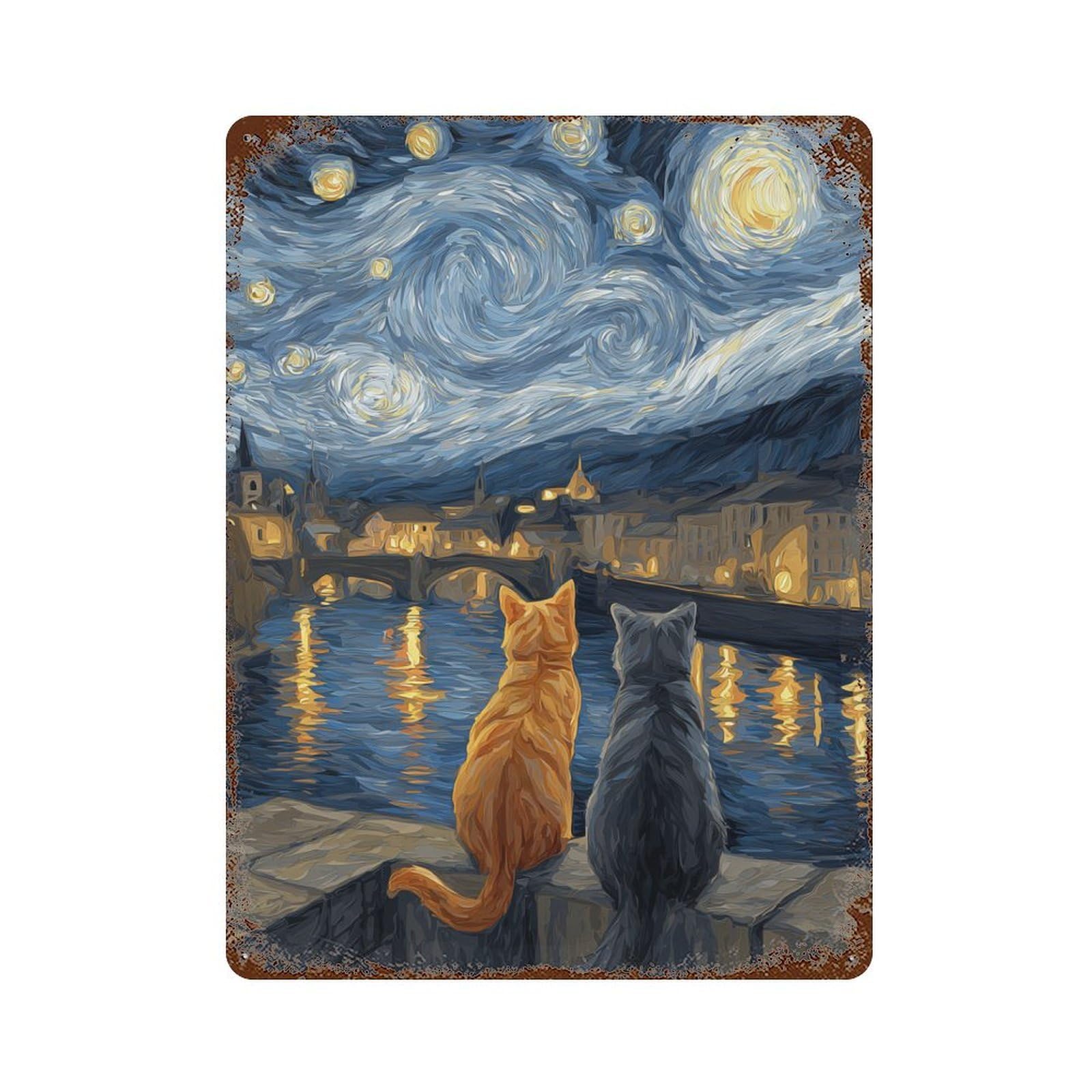 Garage Style Starry Night Cats River View -1 Rusty Metal Tin Sign 15.7"x11.8", Classic Wall Plaque for Bar And Workshop