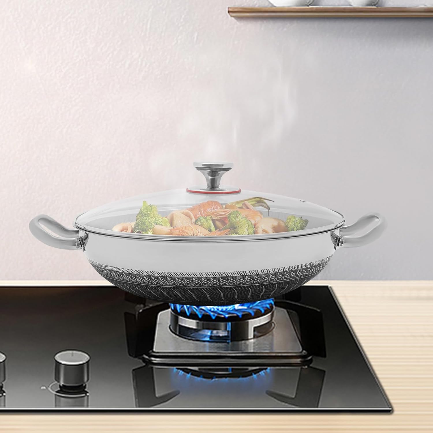13.98 Inch Stainless Steel Frying Pan with Tempered Glass Lid, Honeycomb Etched Non-Stick Surface, 410 Cookware for Gas & Induction Cooktops, Family-Sized Skillet