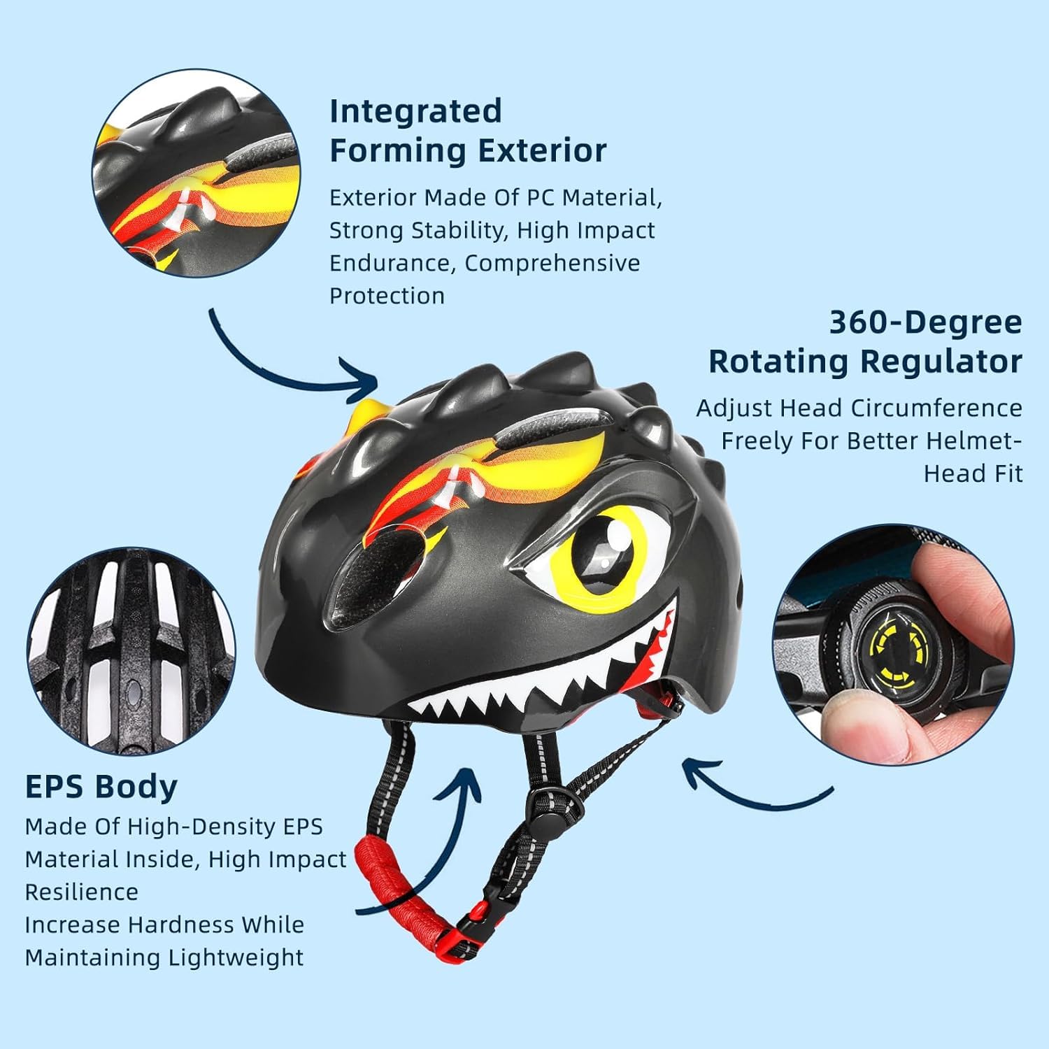 Casque de vélo pour enfant avec lumière LED | Adorable casque de sécurité 3D dinosaure pour filles et garçons de 3 à 8 ans | Casque réglable et respirant pour vélo, skateboard, scooter, patinage