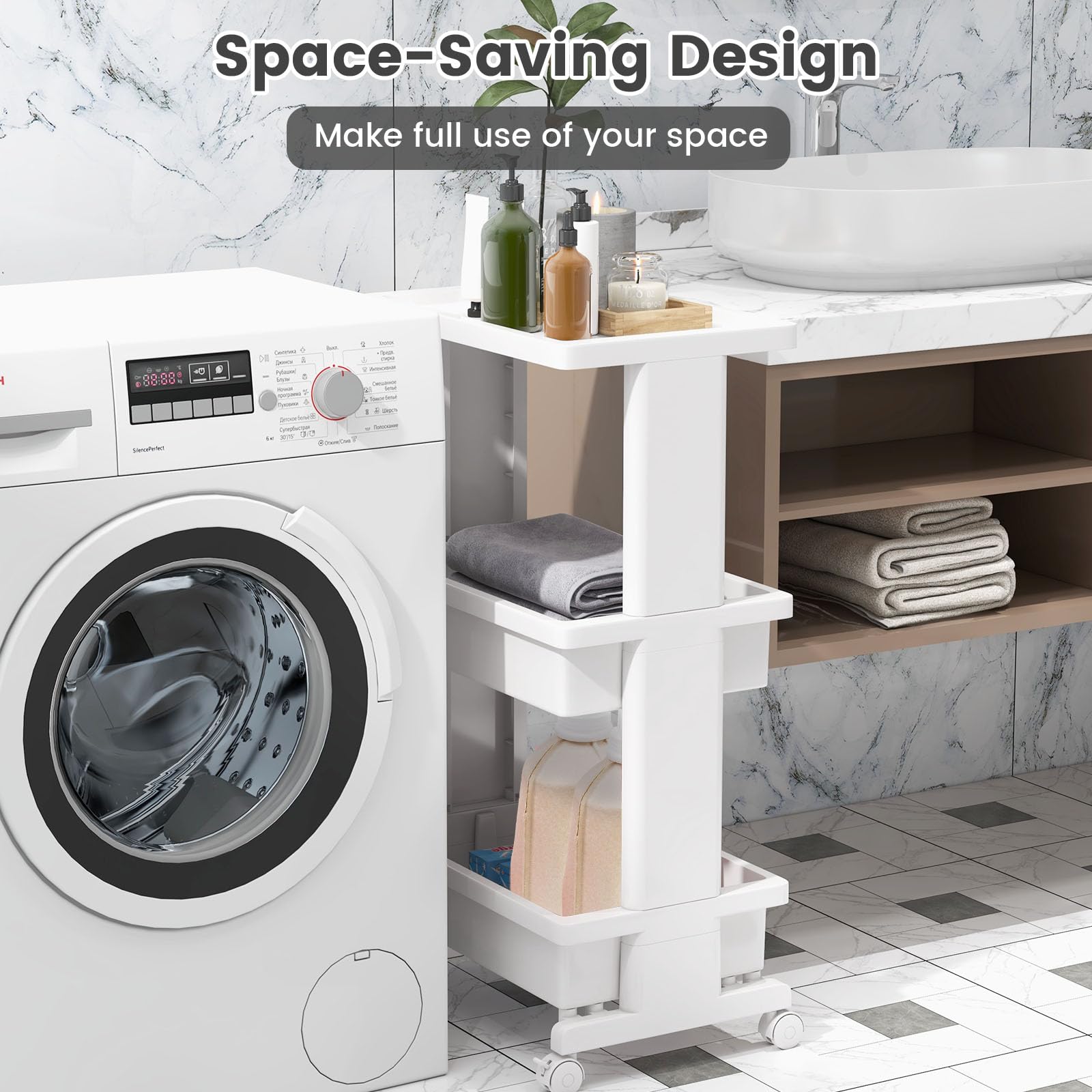 HOMASIS Carrello Cucina a 3 Livelli, Carrello Portaoggetti Salvaspazio in Plastica, Carrellino Scaffale con Ruote per Bagno, Trucco, Ufficio, 45 x 30 x 81 cm, Bianco