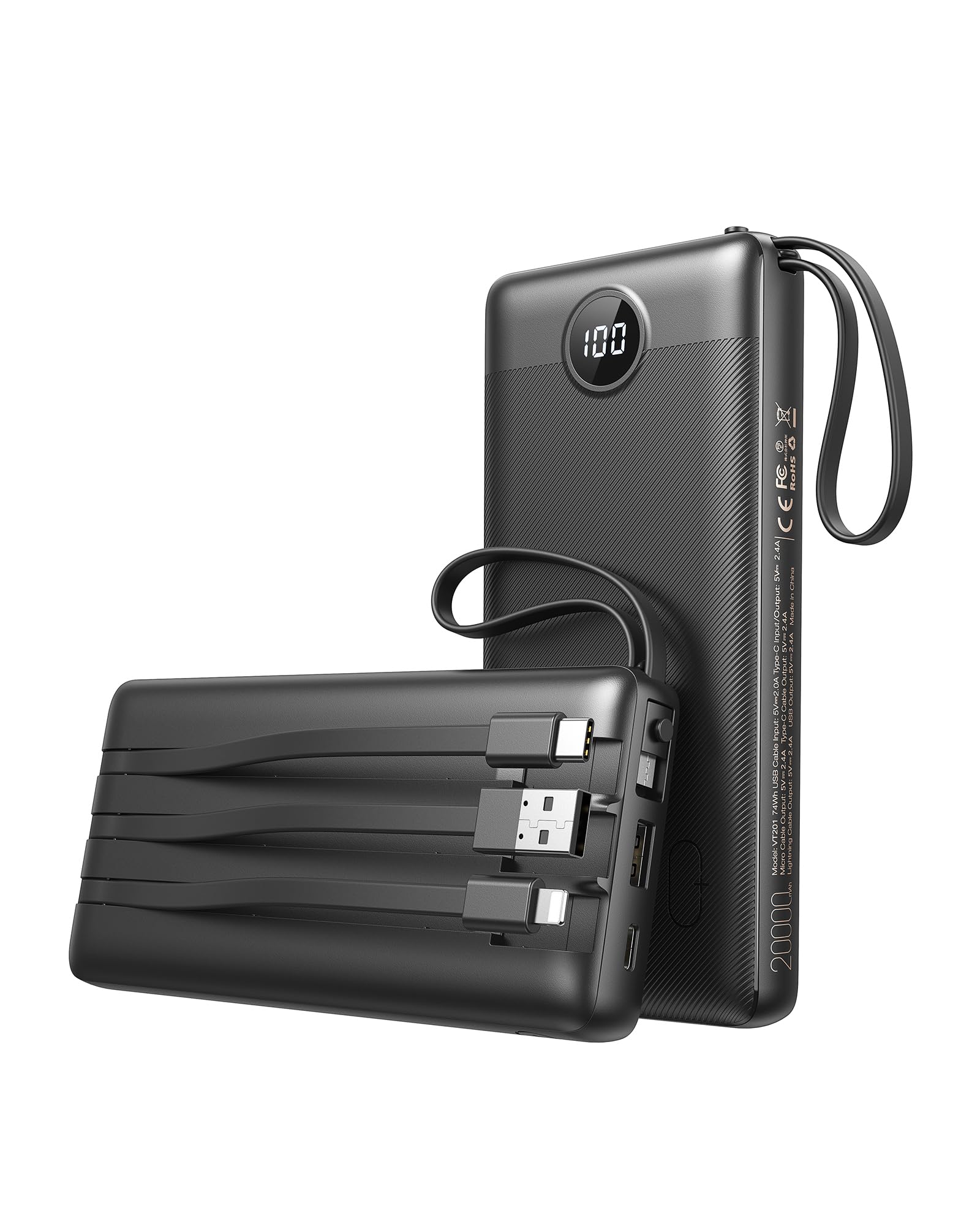 VEEKTOMX Power Bank 20000mAh Powerbank z wbudowanymi kablami przenośna ładowarka USB C bateria zewnętrzna z 5 wyjściami i 2 wejściami, kompatybilny z iPhone 16 Samsung Huawei Xiaomi (20000mAh-czarny)