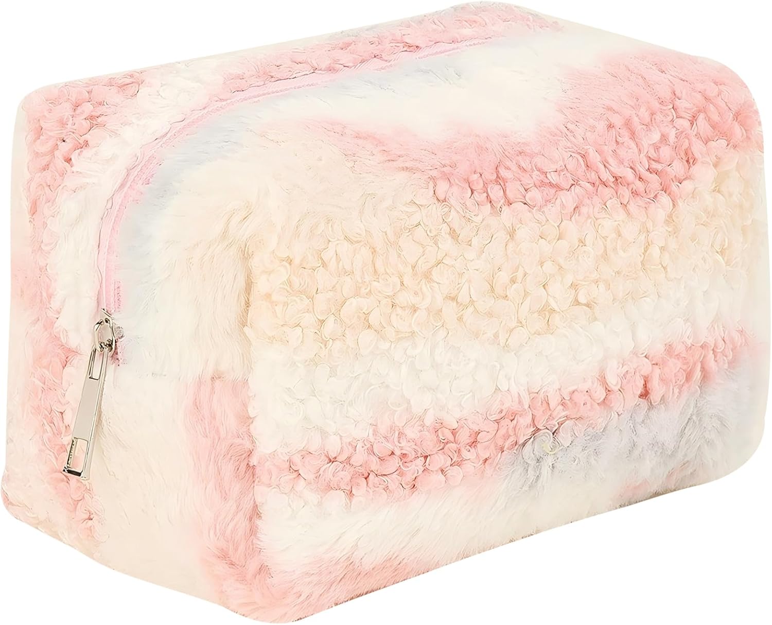 Checkered Makeup Bag Plush Cosmetic Bag Asthetic Plaid Handbags Cute Zipper Travel Toiletry Bag Soft Storage Pouch Pencil Case Bag for Women Girls (Rainbow-Pink)
