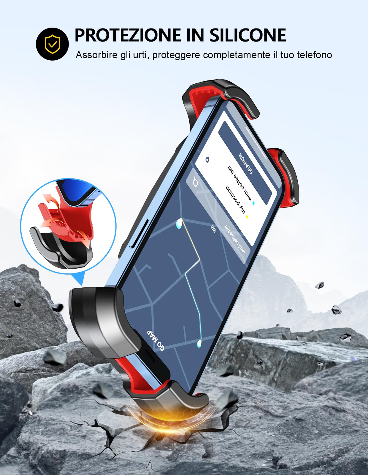 Mohard Porta Cellulare Bici e Moto, Blocco Sicurezza 360° Rotabile Supporto Telefono Bicicletta MTB Universale 4.7-6.8" Smartphone 1S Blocco Rapido Manubrio Stabilizzatori e Ammortizzatori Silicone