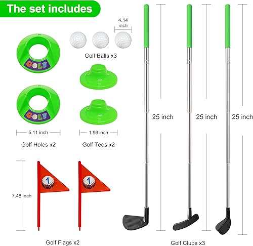 Miniatura 7 de Juego de palos de golf para niños, palos de golf retráctiles para niños pequeños, 3 palos con pelotas de práctica, copas y postes de bandera, juego
