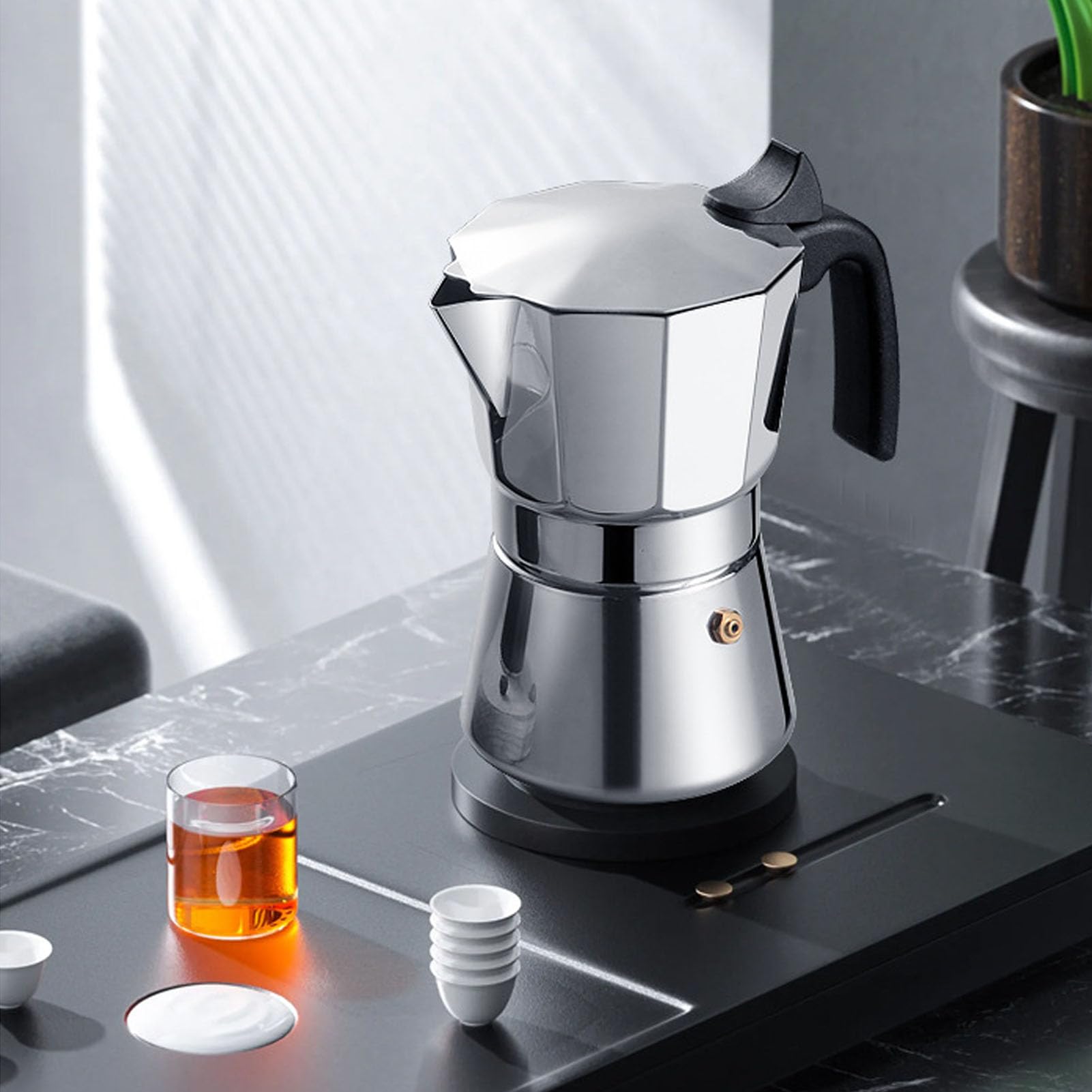 induzione, Classica caffettiera, maraino da Cucina in Acciaio Inossidabile Ottagonale distribuzione a Calore Coffee produttrice di caffè in Argento (300 ml)