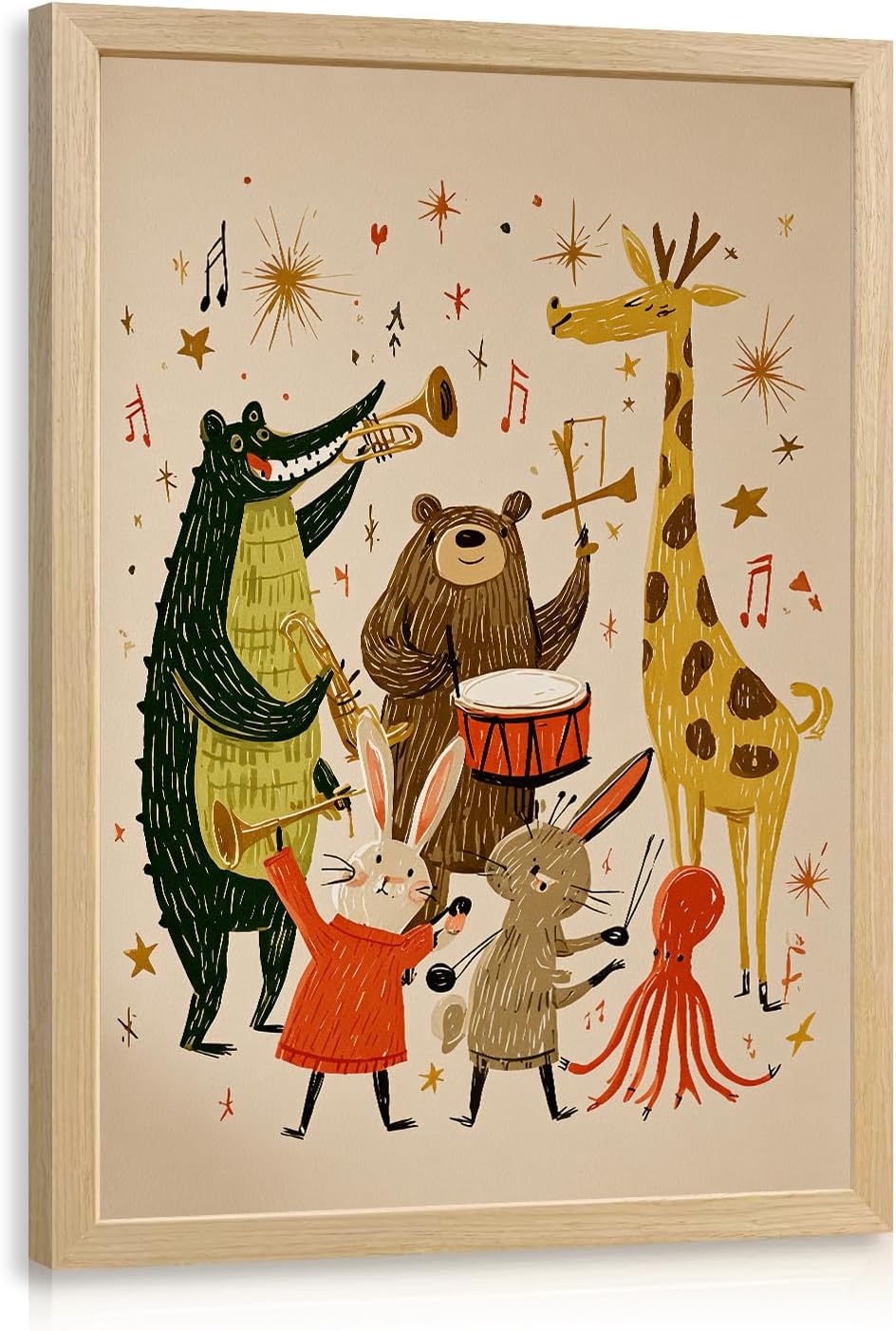 EisEver Wood Framed Kids Music Animal Band Wall Art, Cute Cartoon Animal Canvas Painting, Bear Giraffe Crocodile Bunny Wall Decor, Playful Nursery Poster Print for Baby Kids Room Playroom 12x16 Inch