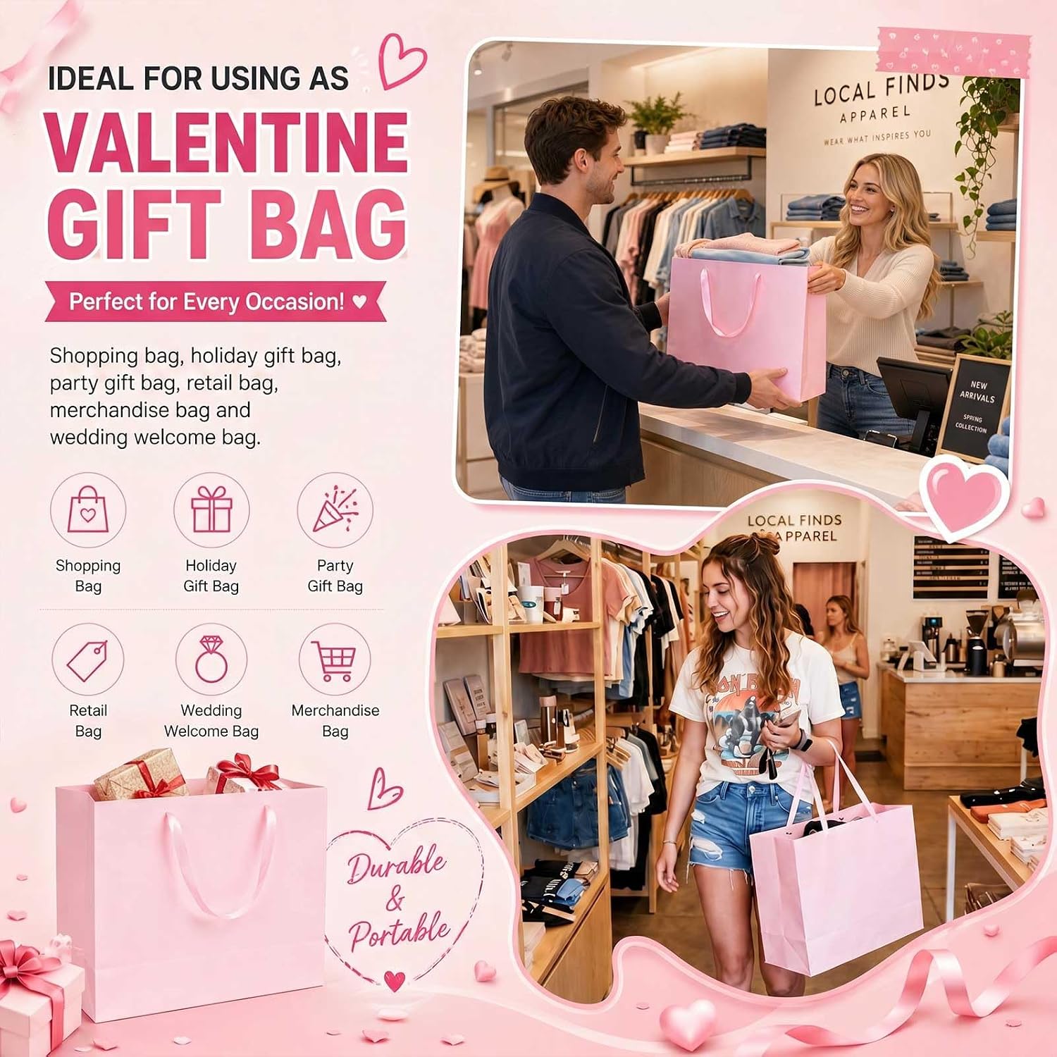 Fuyoooo 20 Pcs 18 x 7 x 14 Extra Large Kraft Paper Gift Bags, Light Pink image 4