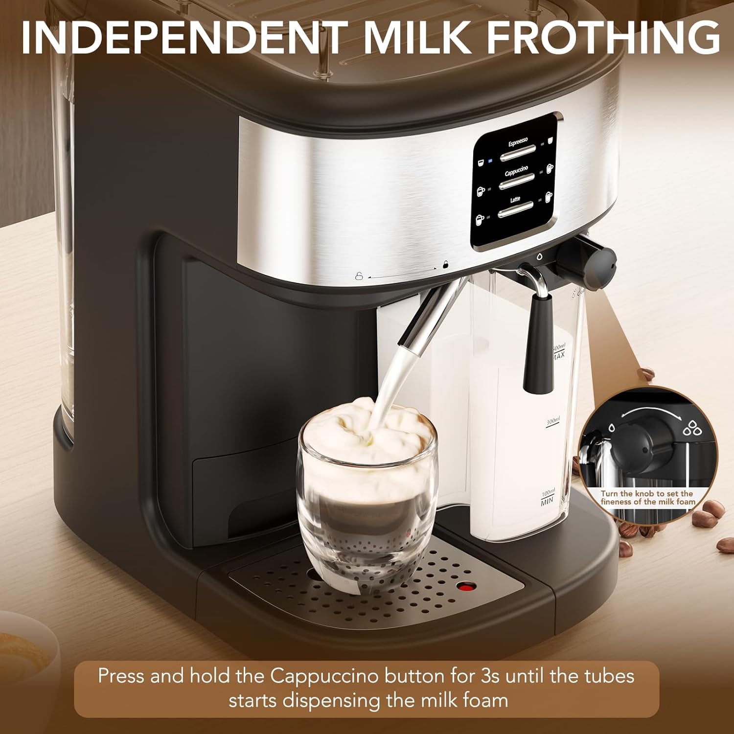 Image illustrating the automatic milk frothing process, with milk being drawn from the tank and frothed into a glass.