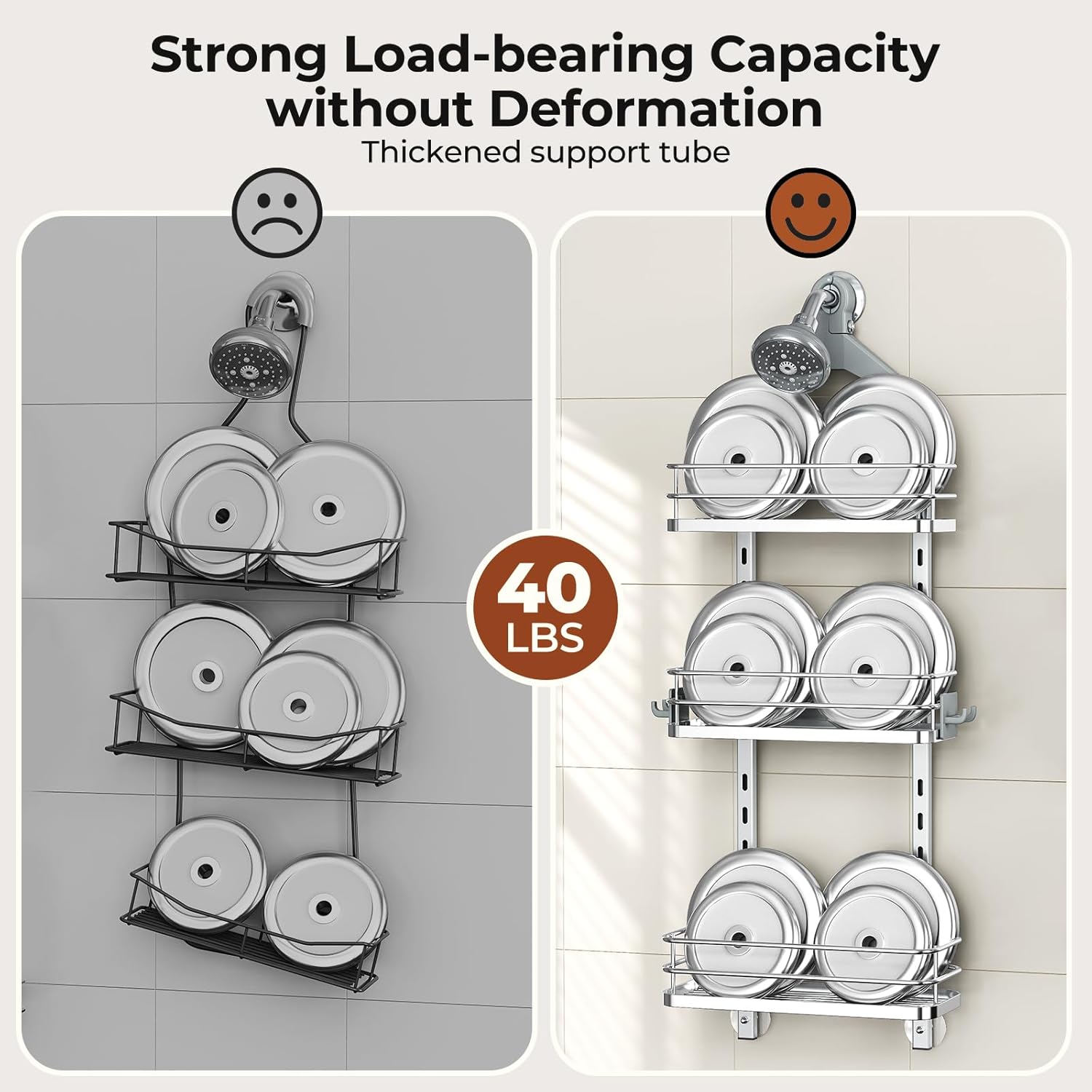 Orimade Aluminum Hanging Shower Caddy Over Head, Adjustable Bathroom Shelf with Hooks, Anti-Slip Rustproof Organizer Storage Rack Basket, Silver, 3 Tier