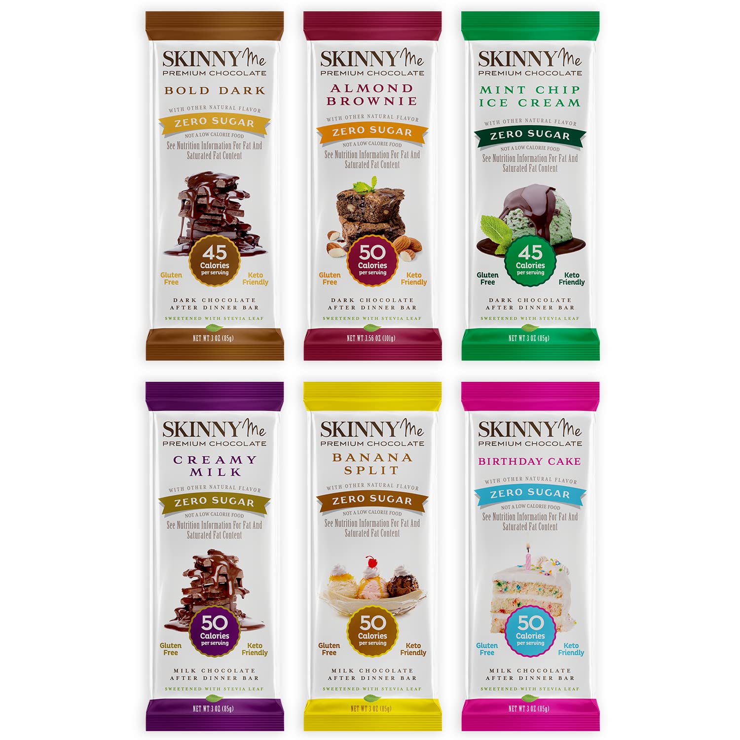 SKINNYMe Zero Sugar Multi-Flavor Chocolate Bar Variety Pack, Keto Friendly, Low Carb, Stevia Sweetened, Gluten Free, Sugar Free Snack, (6 Count)