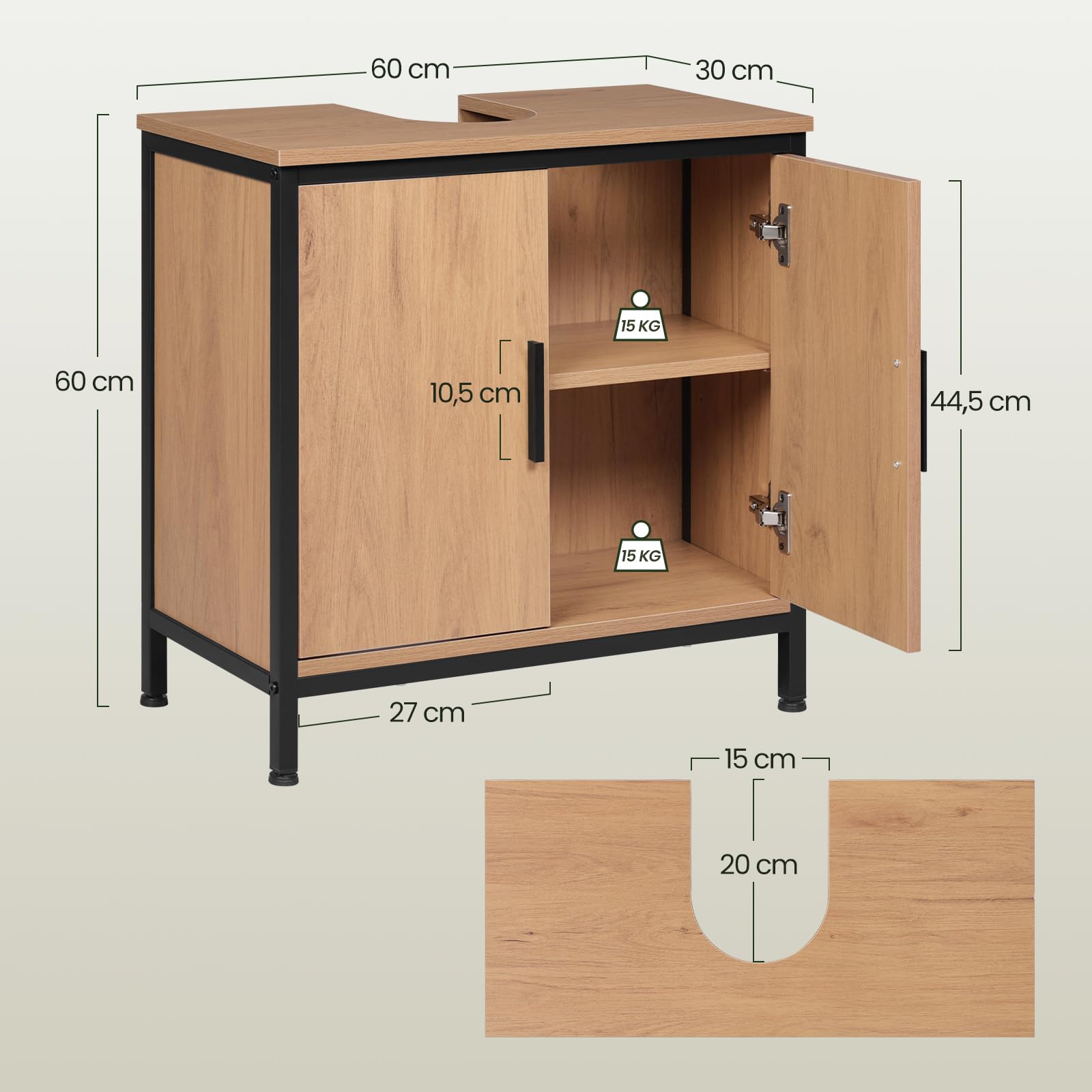 EUGAD Waschbeckenunterschrank 60x60x30 cm, Badezimmerschrank mit höhenverstellbarer Trennwand, Kleiner Schrank im Badezimmer, Badschrank aus Holzwerkstoff Metall, Schwarz