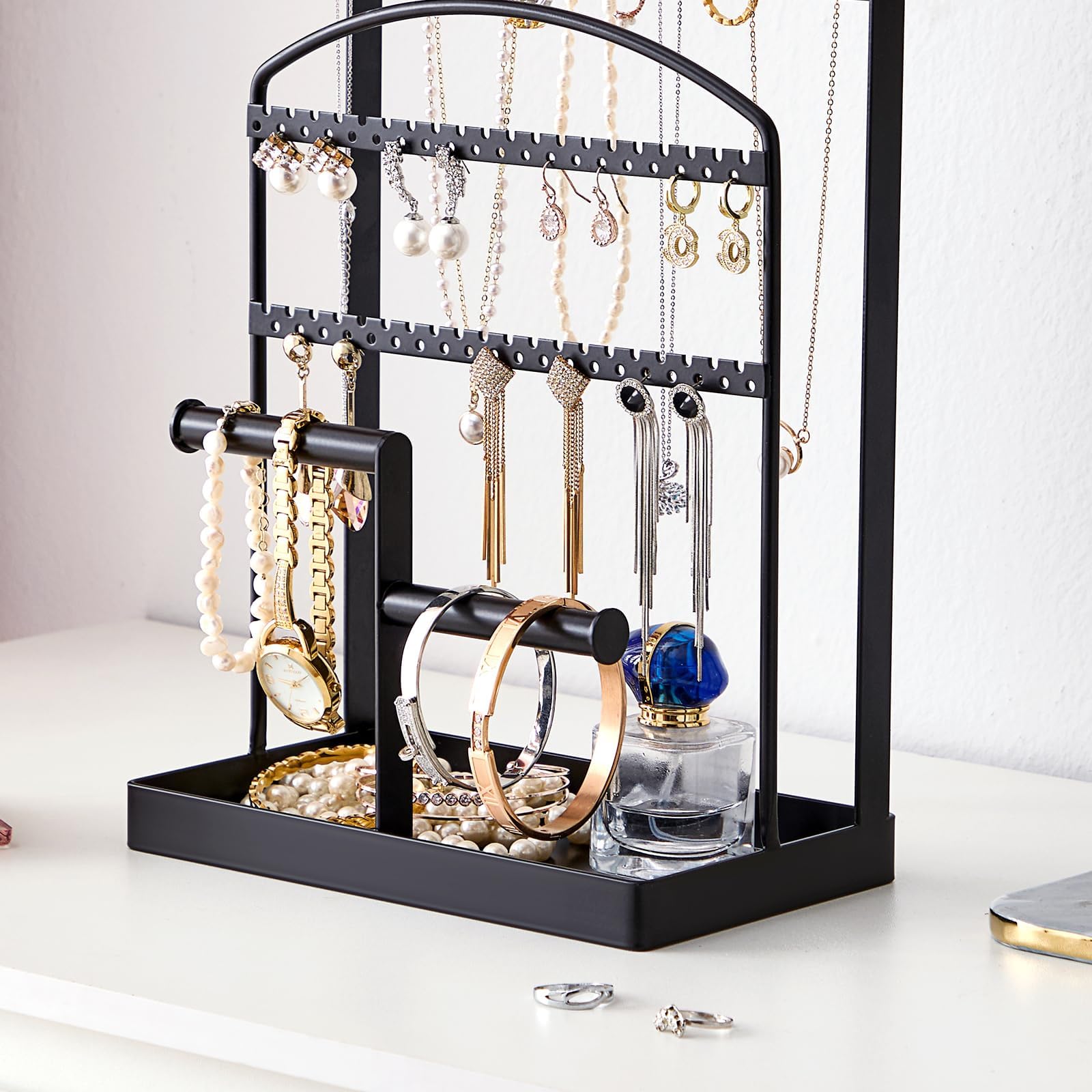 NUOKING Jewelry Holder Sturdy Metal 6-Tier Jewelry Storage Stand for Necklaces, Earrings, Rings, Bracelets, Jewelry Display Organizer Rack with Container Tray - Back