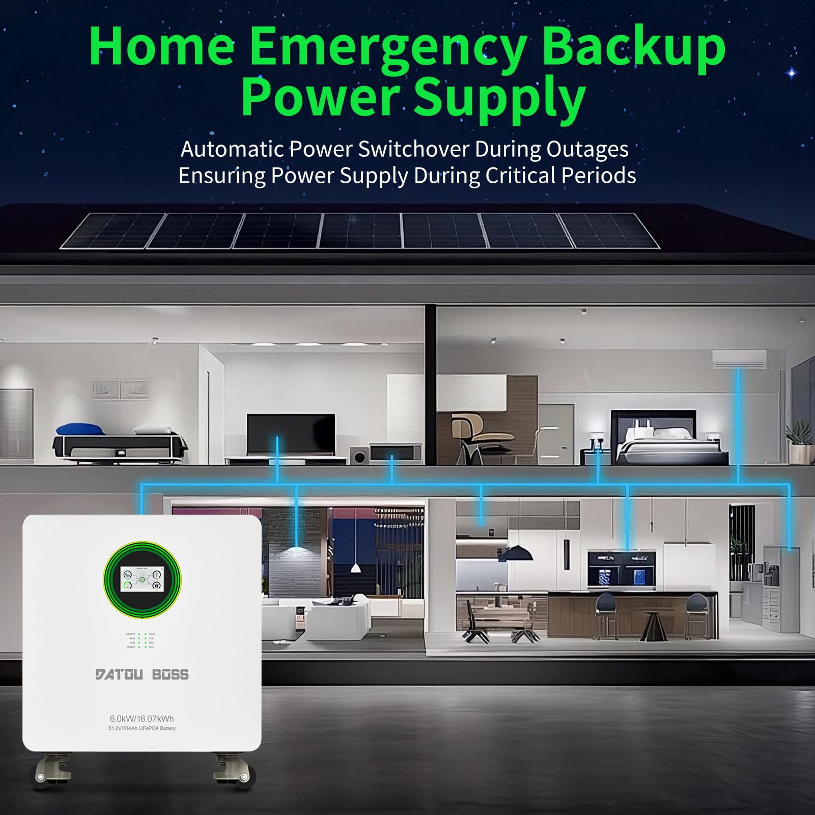 DATOUBOSS 6000W Hybrid Wechselrichter+48V 314Ah 16.07 kWh LiFePO4 Batterie All-in-One,9000W PV Eingang,ausgestattet mit WiFi-Modul,unterstützt APP-Fernüberwachung,8000+ Ladezyklen,Plug & Play