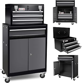 AIRAJ 2-in-1 Rolling Tool Chest with Wheels, 4-Drawer Detachable Metal Tool Cabinet & Top Box, Heavy-Duty Tool Chest with 4 Casters (2 Brakes) for Garage, Workshop, Warehouse, Repair Room Storage.