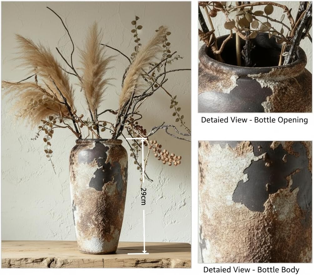 Brown Rustic Ceramic Vase, 11.4" Farmhouse Terracotta Vases, Vintage Handmade Wabi Sabi Decorative Vase for Living Room