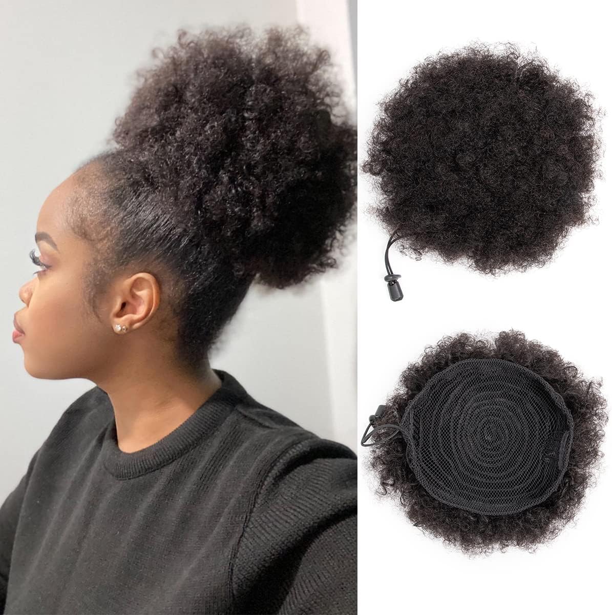 Afro Puff Drawstring Ponytail Human Hair Small Kinky Curly Ponytail Buns Hairpieces 8A Brazilian Virgin Hair Short Clip In Ponytails for Black Women Girls Kids 6 Inch Natural Black