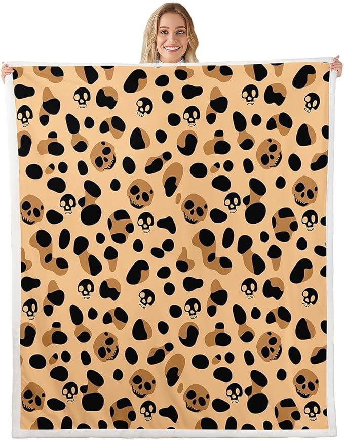 Leopard Print Blanket Brown Cheetah Print Throw Blanket for Bed, Sugar Skull Fleece Blanket Queen Size Safari Animal Sherpa Blanket, Jungle Wildlife Fuzzy Blanket Gothic Skeleton Bedroom Decor