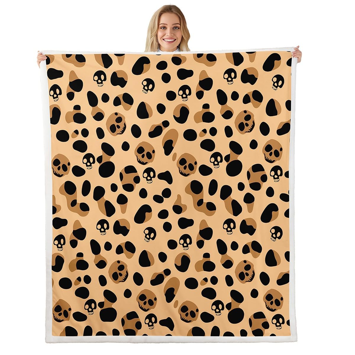 Leopard Print Blanket Brown Cheetah Print Throw Blanket for Bed, Sugar Skull Fleece Blanket Queen Size Safari Animal Sherpa Blanket, Jungle Wildlife