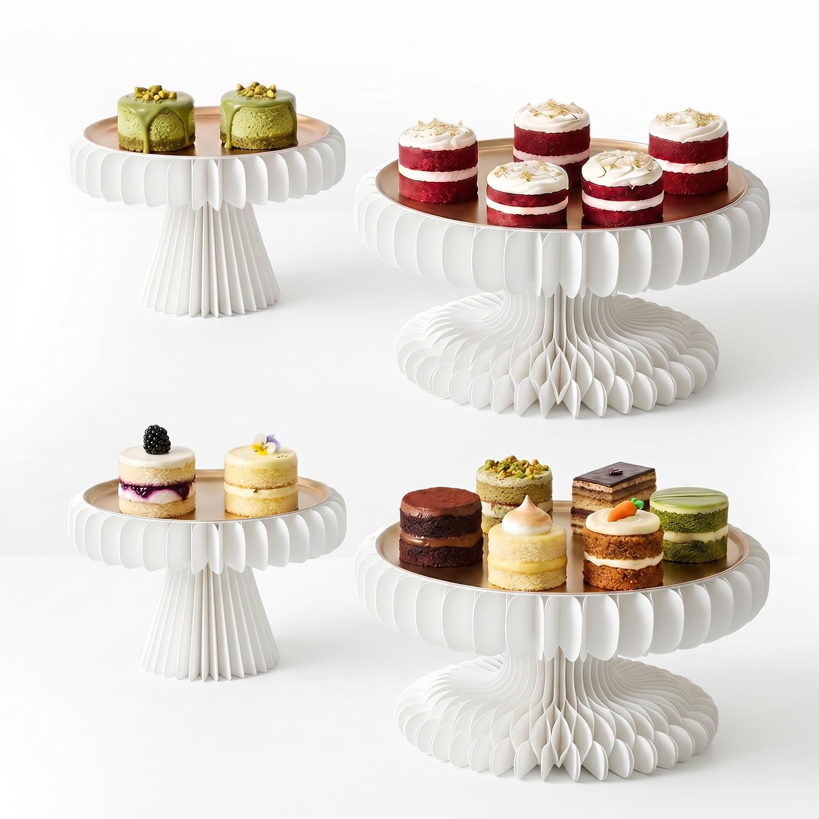MHYMX Wedding Cake Stand, 4 Pcs Buffet Risers Cardboard Cake Stand with Metal Tray Foldable Food Display Stands 2 Size Table Cylinder Display Riser for Wedding Birthday Buffet Party