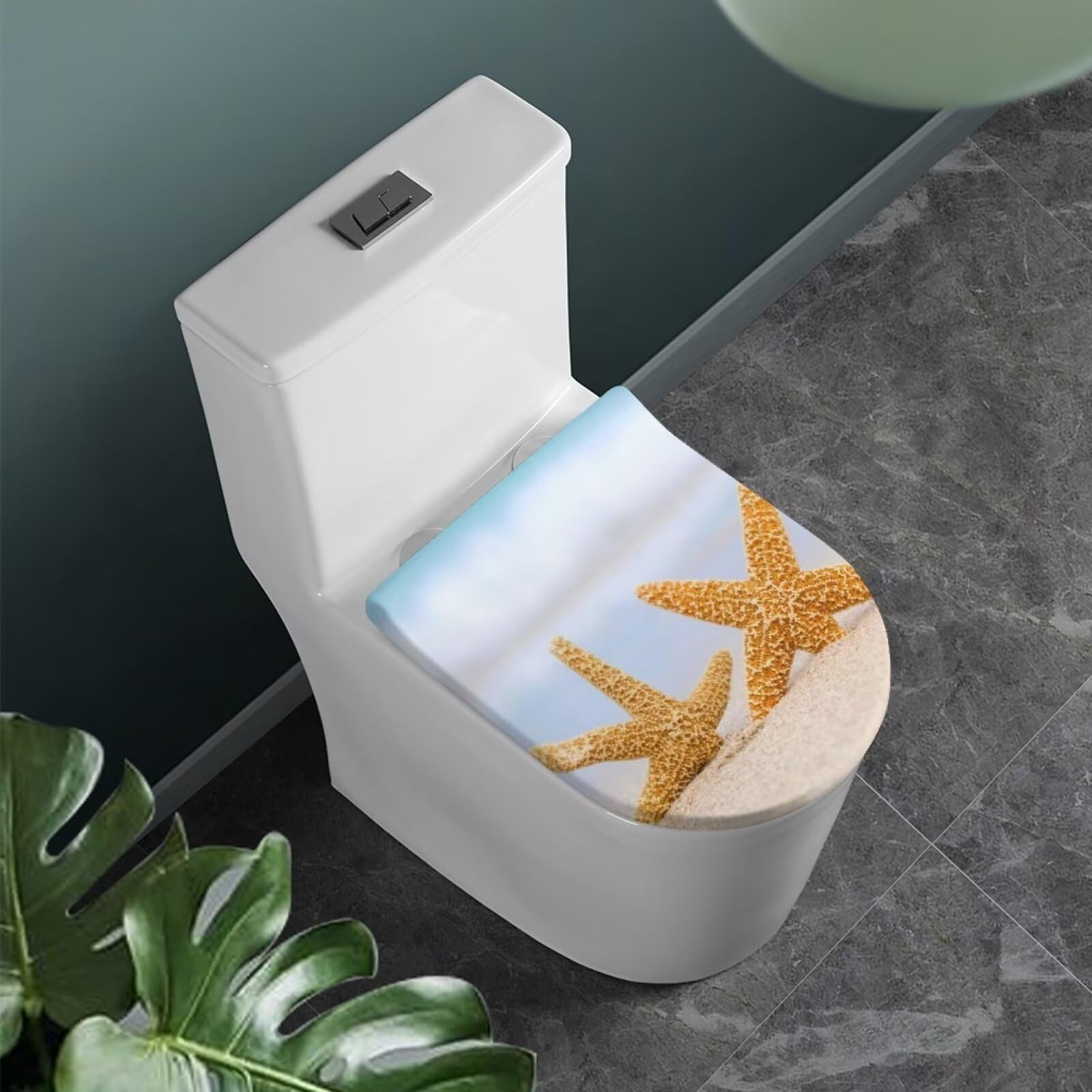 COEQINE Toilet Lid Cover 1 Pcs Home Blue Sea Sand Beach Starfish Lid Seat Cover for Women Men Dortable Soft Comfortable With Elastic Edges Fit Most Elongated Toilet Toilet Bowl Lids for Home