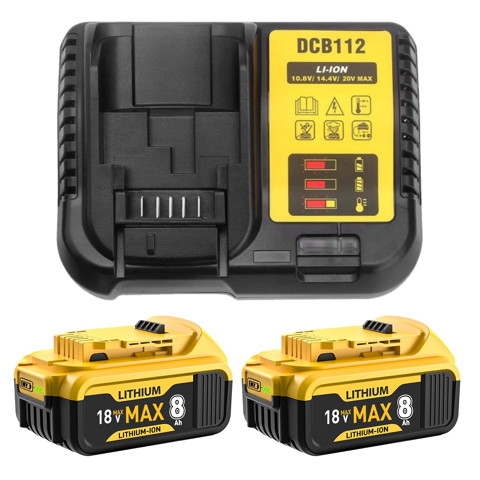 2PCS 18V 8000mAh DCB184 Replacemnet for Dewalt Battery with DC112 Compatible with Dewalt Battery and Charger DCB180 DCB181 DCB-182 DCB-183 DCB-184B-XJ DCB185 DCB200 (2Battery+Charger) — image 1