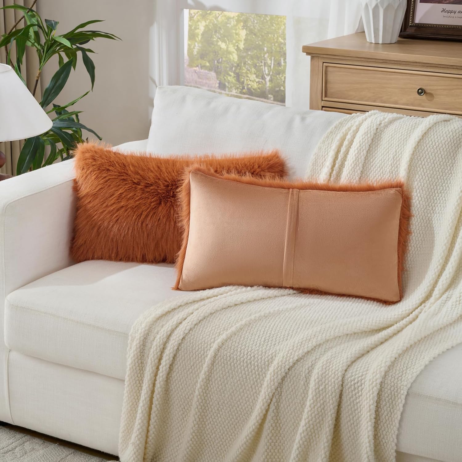 Set of 2 Decorative Throw Pillow Covers Luxury Fluffy Faux Fur Cozy Cushion Cover Pillowcase for Couch Sofa Bed Living Room Home Decor Burnt Orange-18 * 18inch