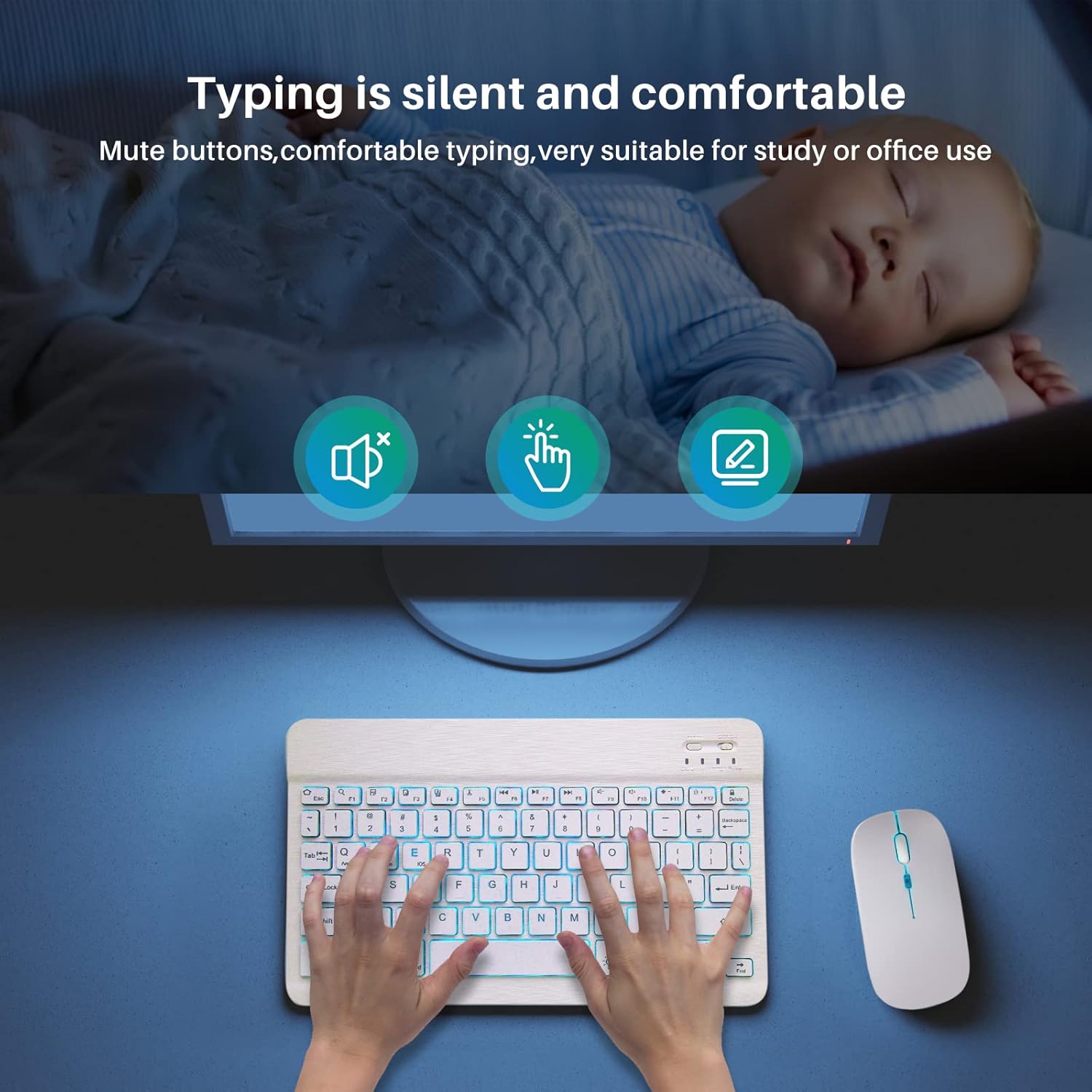 Hands typing on the backlit keyboard with a mouse nearby, emphasizing silent and comfortable use.