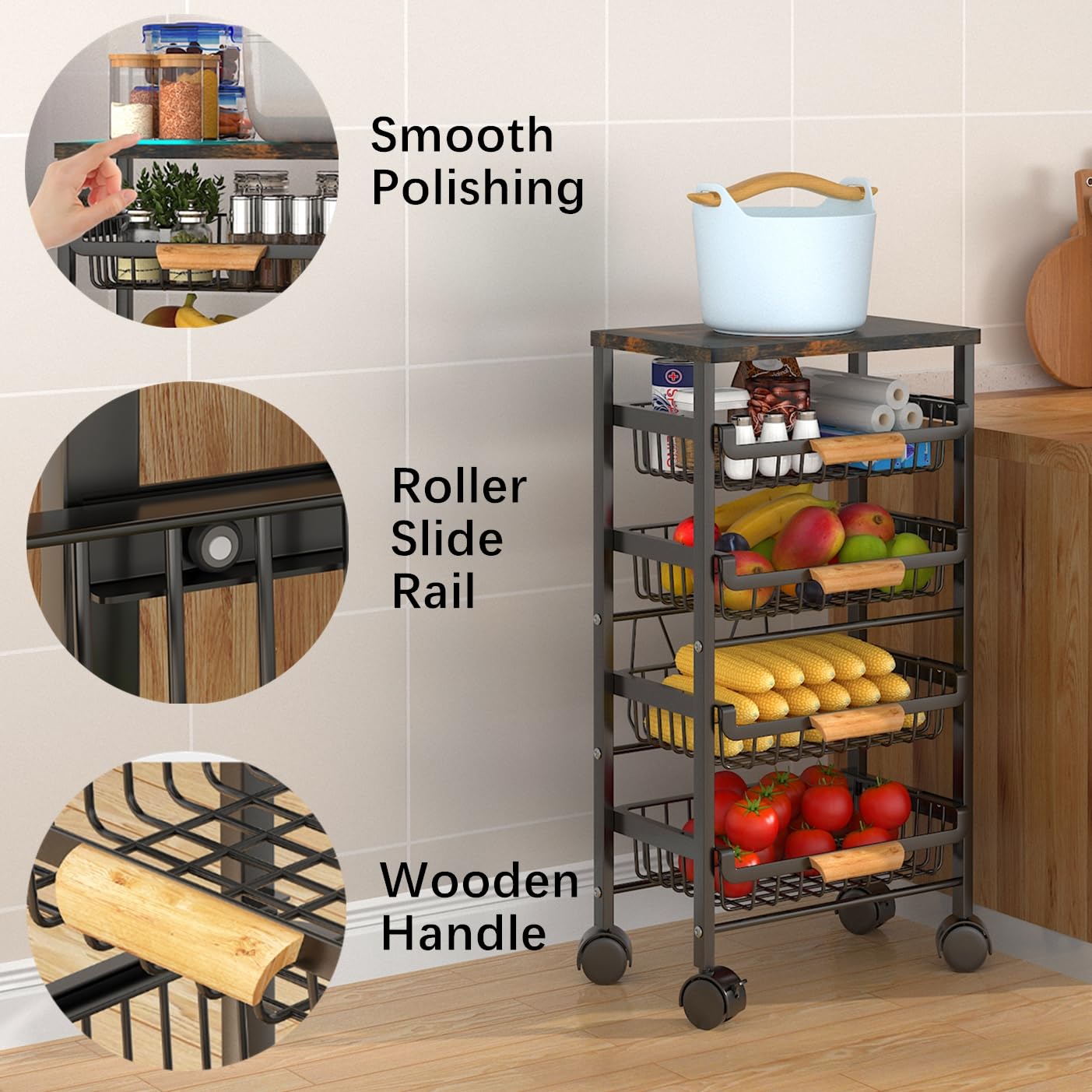 CarolynDesign Panier en fil métallique à 5 niveaux sur roulettes, bacs de rangement empilables pour cuisine, salon, chambre à coucher, salle de bain, étagères à légumes et fruits avec tiroirs