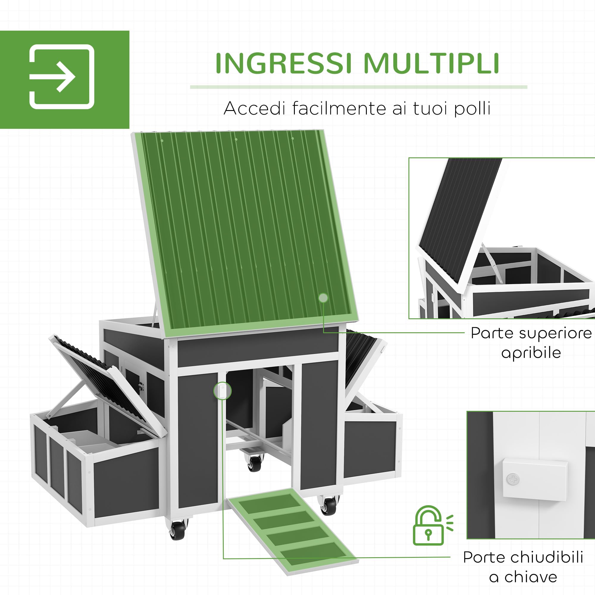 PawHut Pollaio in Legno con 2 Nidi, Ruote Grande Ø7.5cm, Pollaio per Galline Esterno con Tetto Ondulato Apribile Impermeabile, Vassoio Estraibile, Casetta per 2-4 Galline, Anatra, 147x94x90cm, Grigio