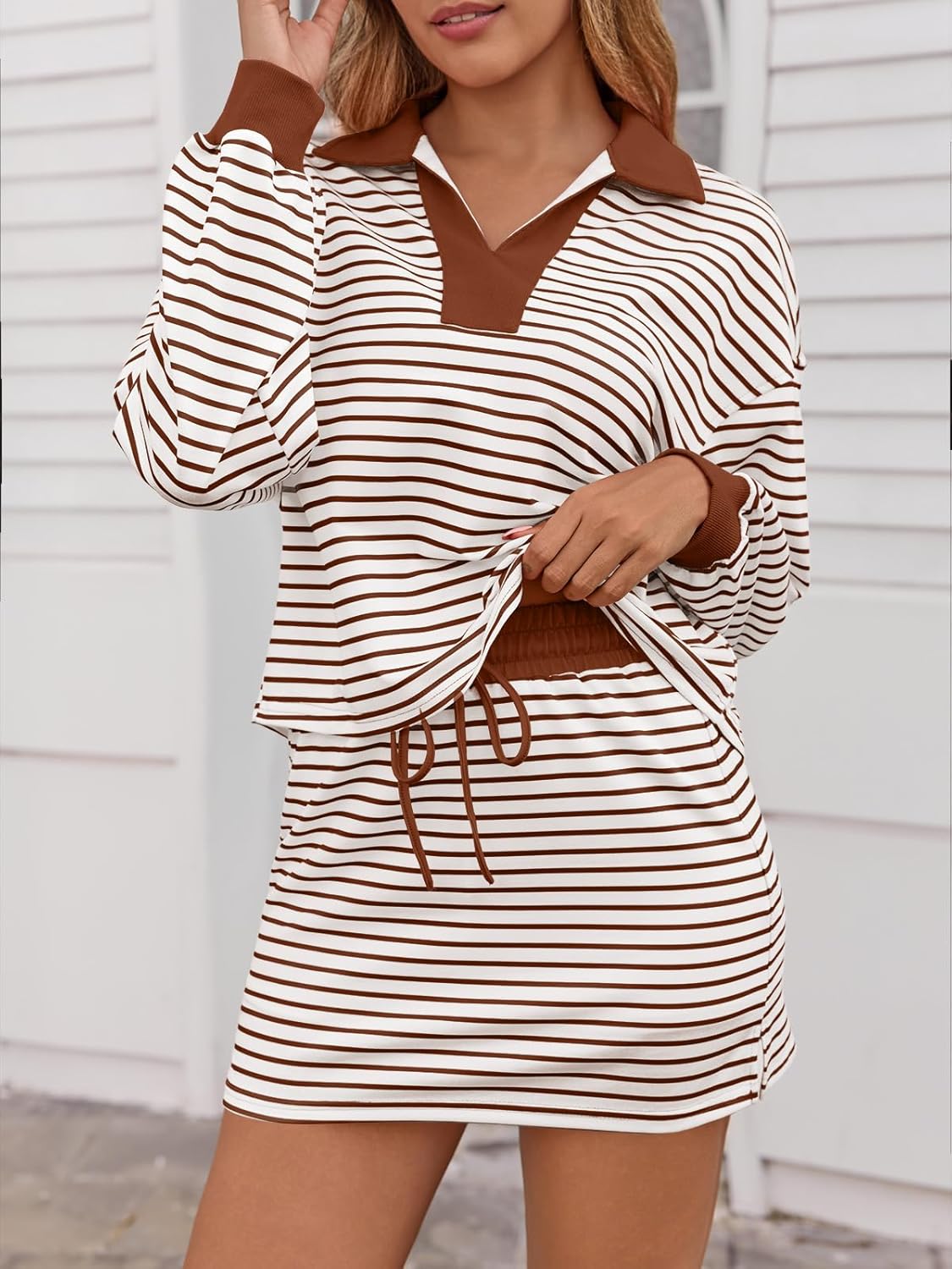 Fisoew Womens Striped 2 Piece Outfits Casual Sweatshirt Skirt Set Long Sleeve Skort Workout Set Matching Lounge Sets - Image 2