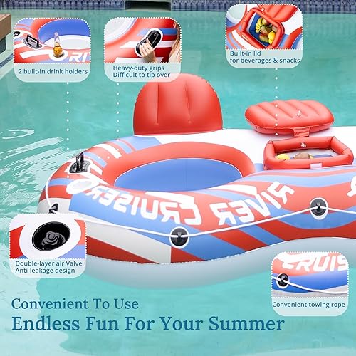 Miniatura 5 de 2025 Upgrade River Tube Floats for Adults Heavy Duty Pool Floats Inflatable Water Tube with Cup Holeder, Drink Cooler and Mesh Bottom Backrest (2