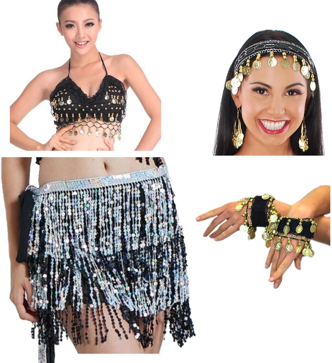 Vritraz Women's Chiffon Belly Dance Hip Scarf Waistband Belt Skirt with Ringy Golden Coins (Pack of 4)-image-3