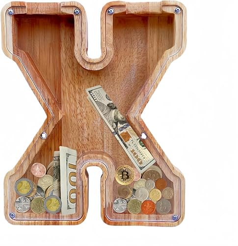 Miniatura 26 de Alcancía grande para niños y niñas, alcancía de madera personalizada con diseño recortado, bancos de monedas de letras del alfabeto, caja de ahorro