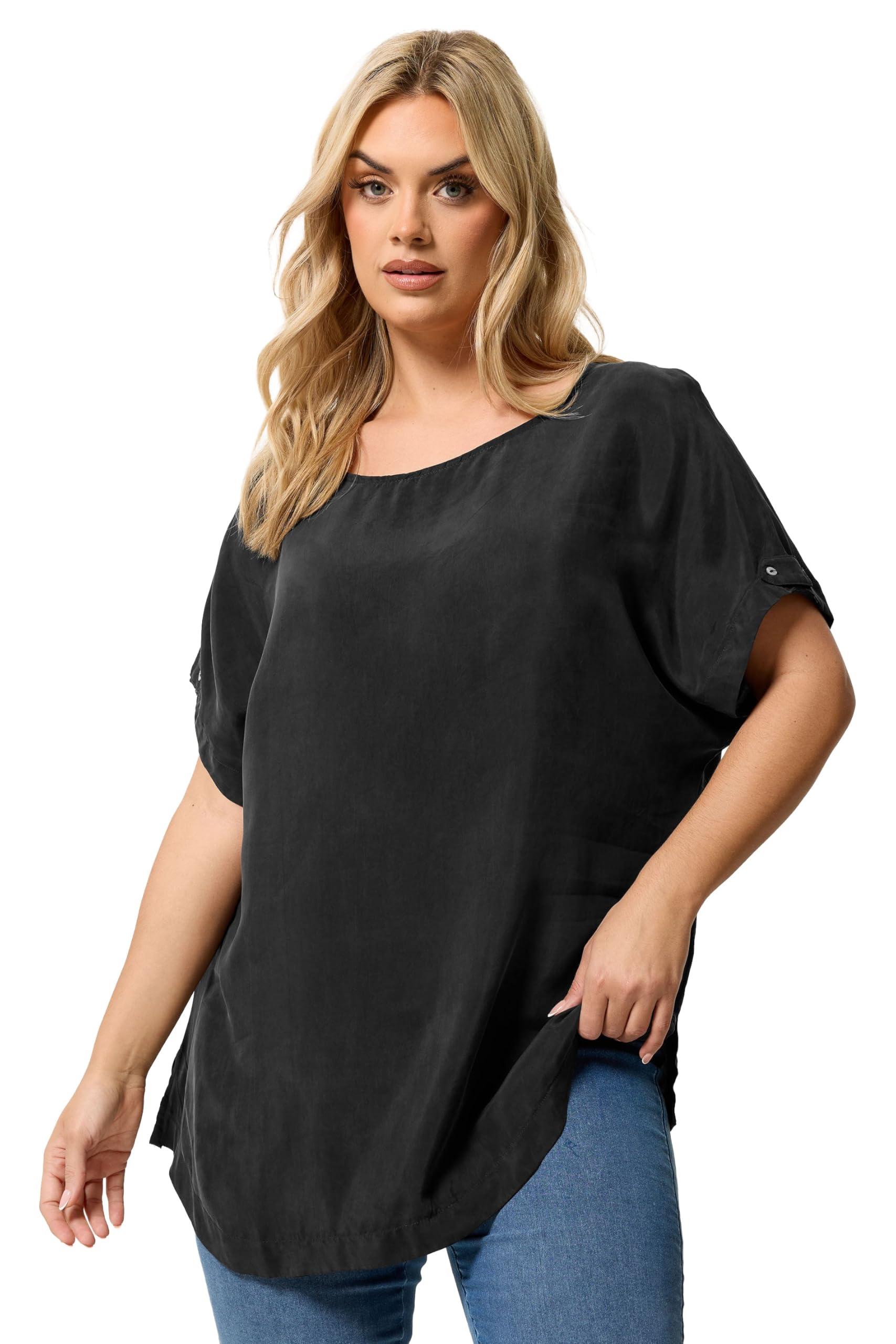 Yours Women's Black Tab Sleeve Detail Top In | Size: 22/24